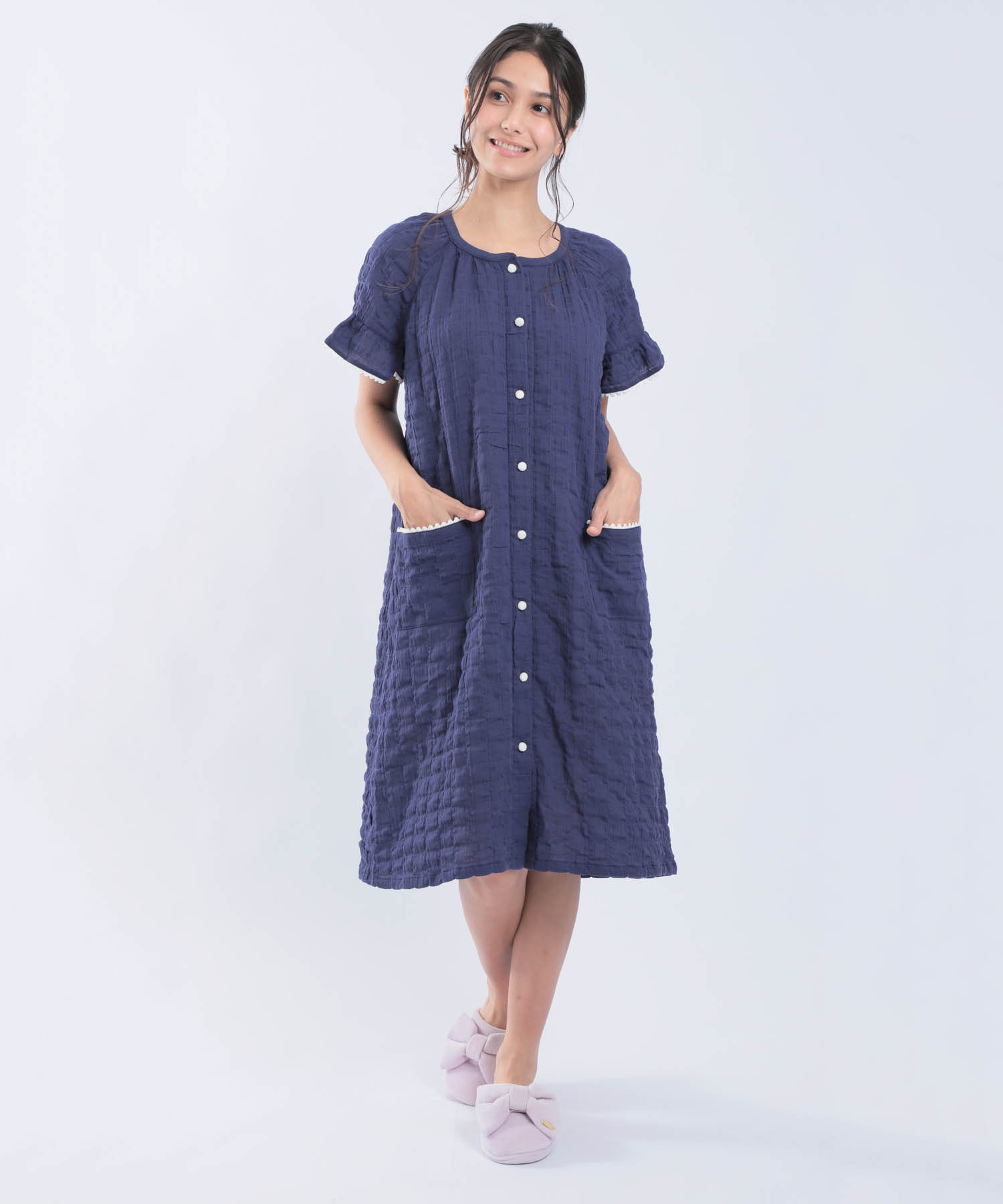 シャーリングガーゼ表面ジャガードワンピース_パジャマ&ルームウェア-ワンピース・ネグリジェ_ネイビー_0