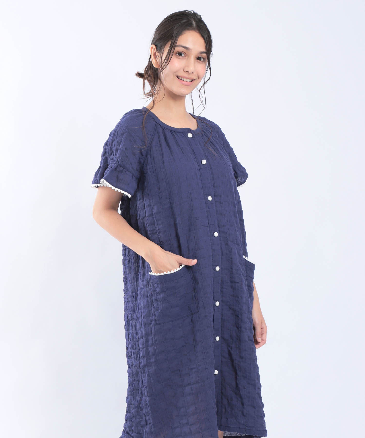 シャーリングガーゼ表面ジャガードワンピース_パジャマ&ルームウェア-ワンピース・ネグリジェ_ネイビー_1