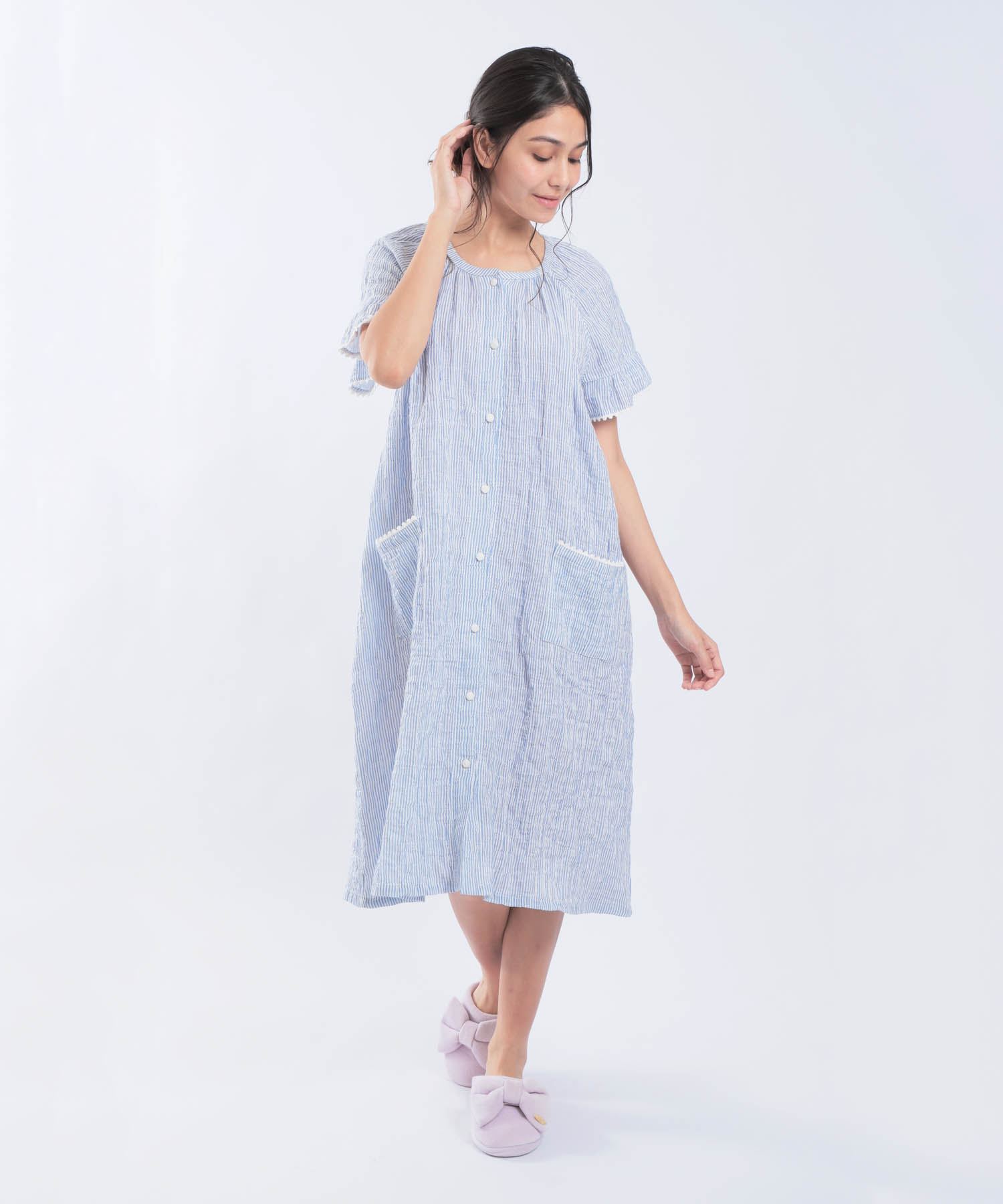 シャーリングガーゼ表面ジャガードワンピース_パジャマ&ルームウェア-ワンピース・ネグリジェ_ブルー_0