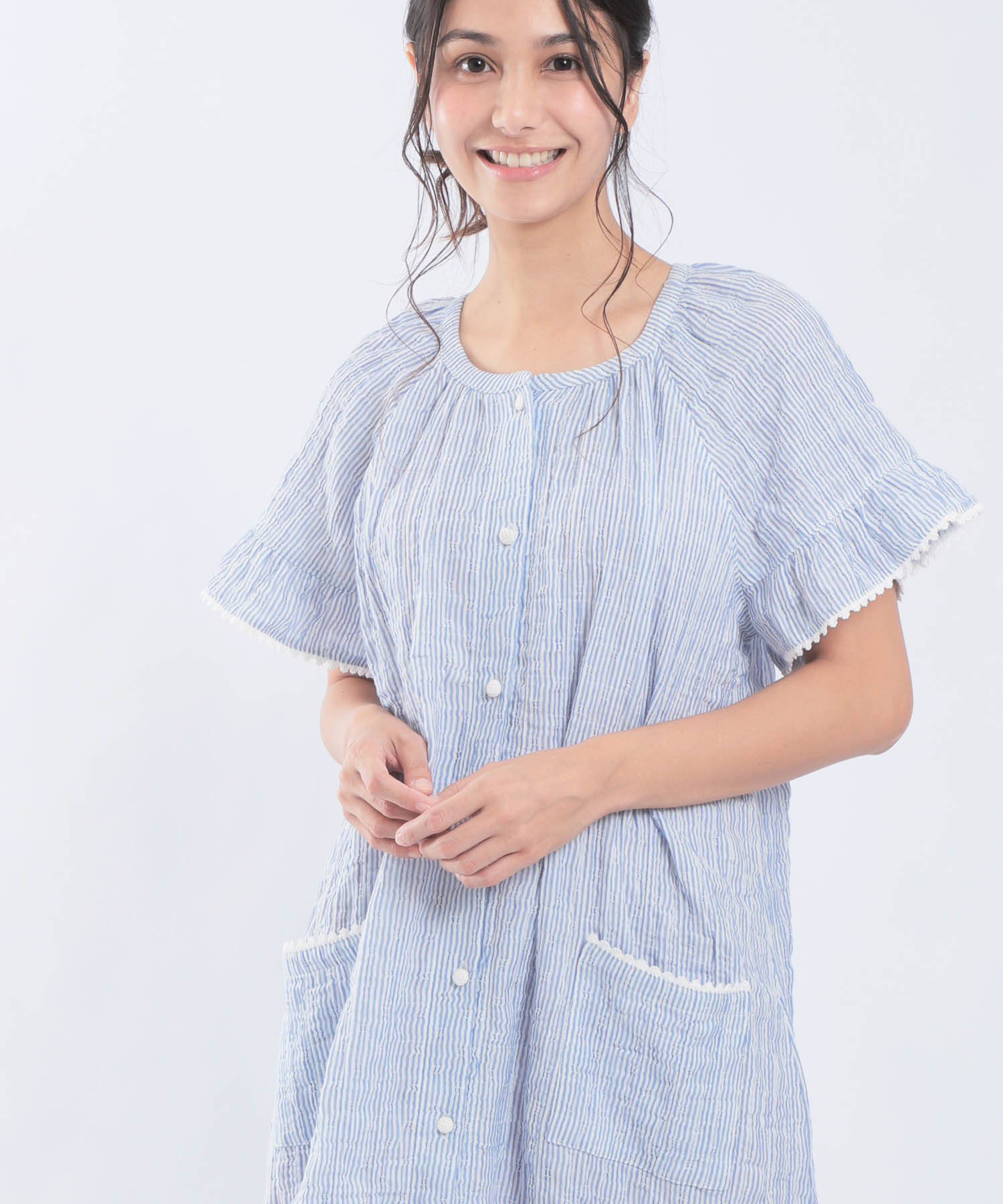 シャーリングガーゼ表面ジャガードワンピース_パジャマ&ルームウェア-ワンピース・ネグリジェ_ブルー_1