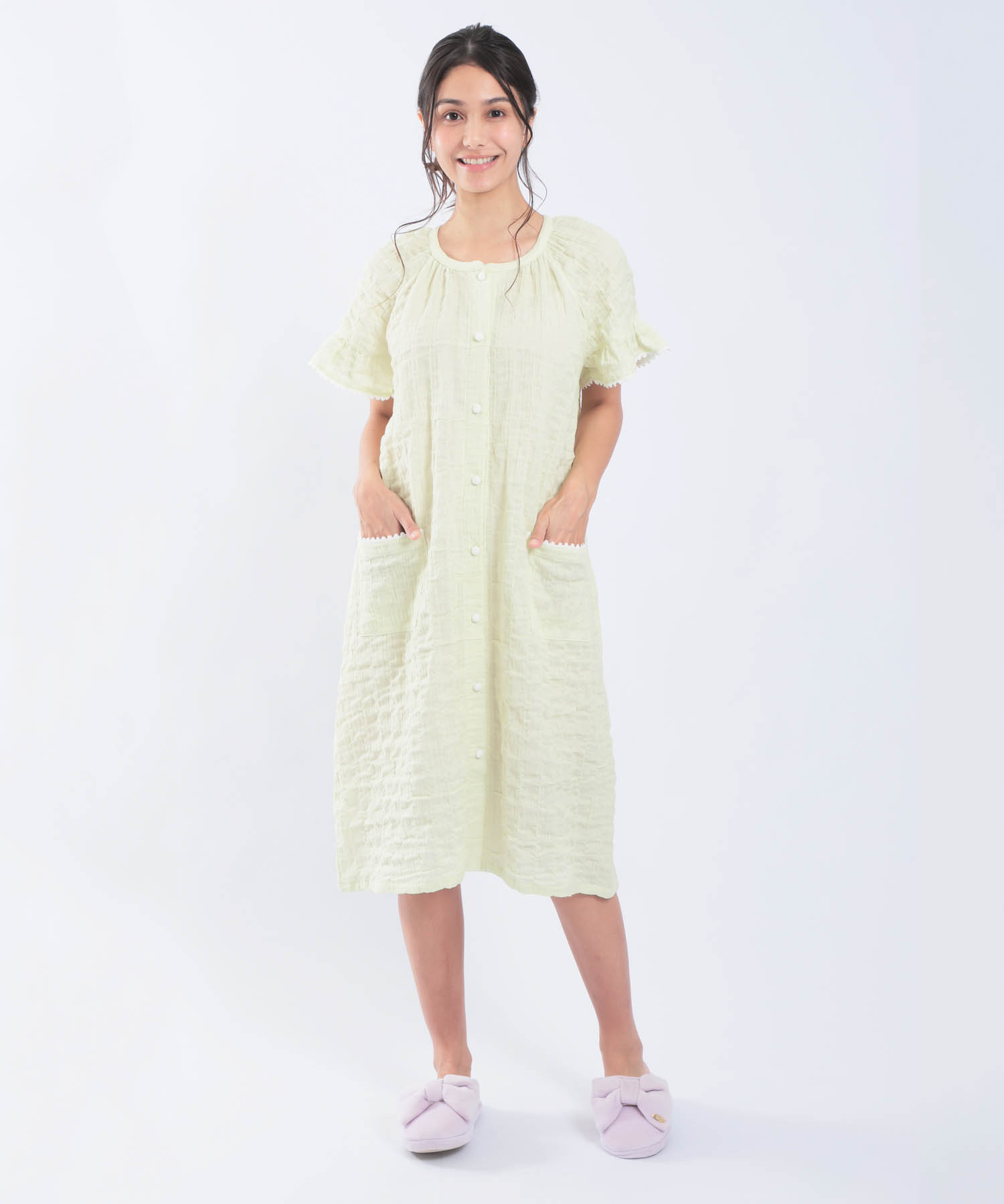 シャーリングガーゼ表面ジャガードワンピース_パジャマ&ルームウェア-ワンピース・ネグリジェ_グリーン_0