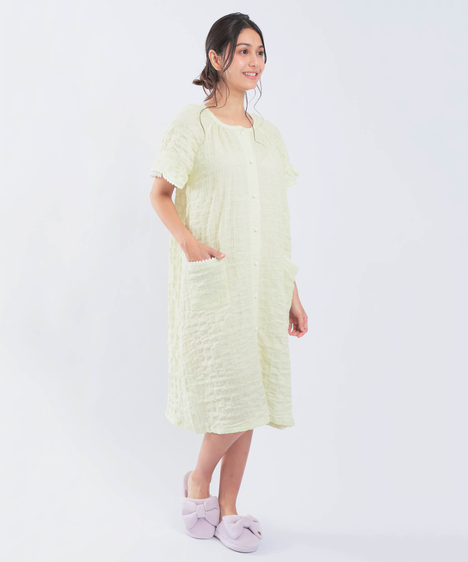 シャーリングガーゼ表面ジャガードワンピース_パジャマ&ルームウェア-ワンピース・ネグリジェ_グリーン_1