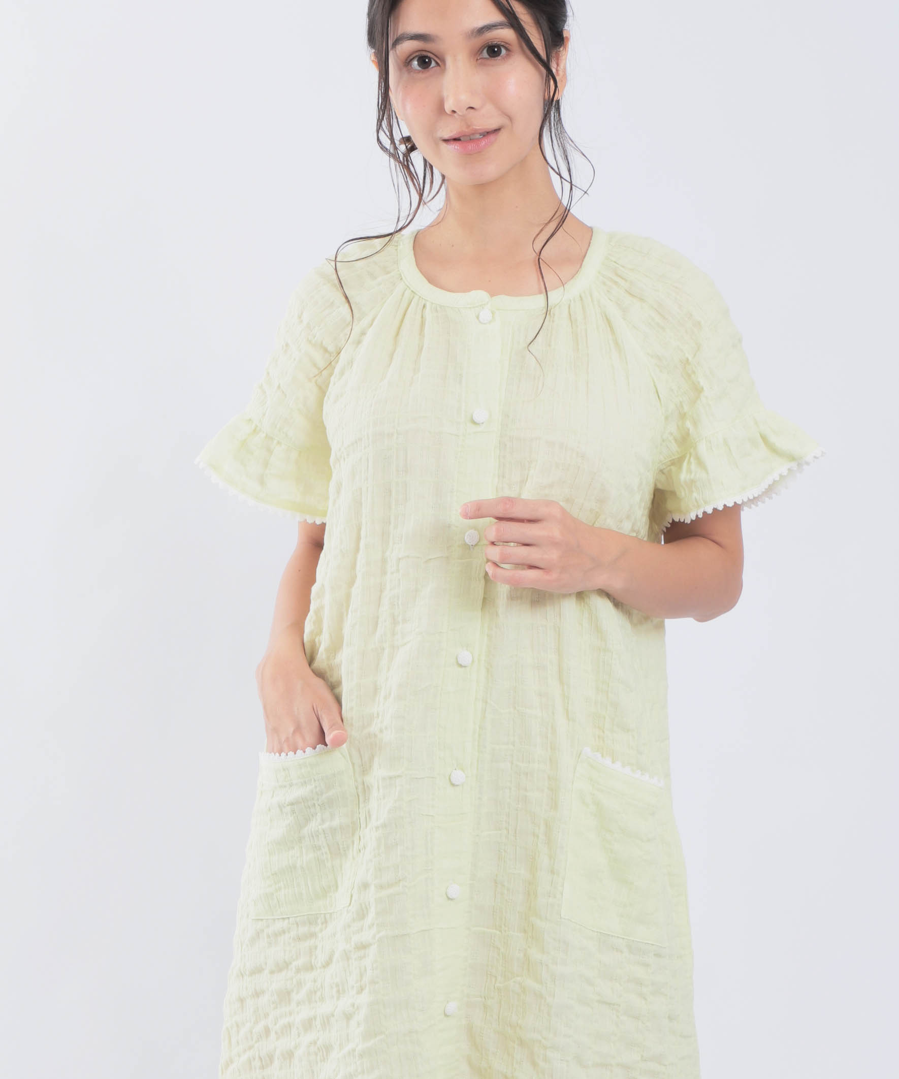 シャーリングガーゼ表面ジャガードワンピース_パジャマ&ルームウェア-ワンピース・ネグリジェ_グリーン_2