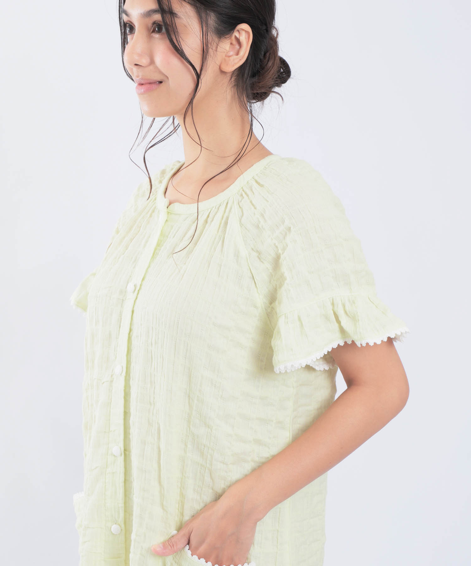 シャーリングガーゼ表面ジャガードワンピース_パジャマ&ルームウェア-ワンピース・ネグリジェ_グリーン_3