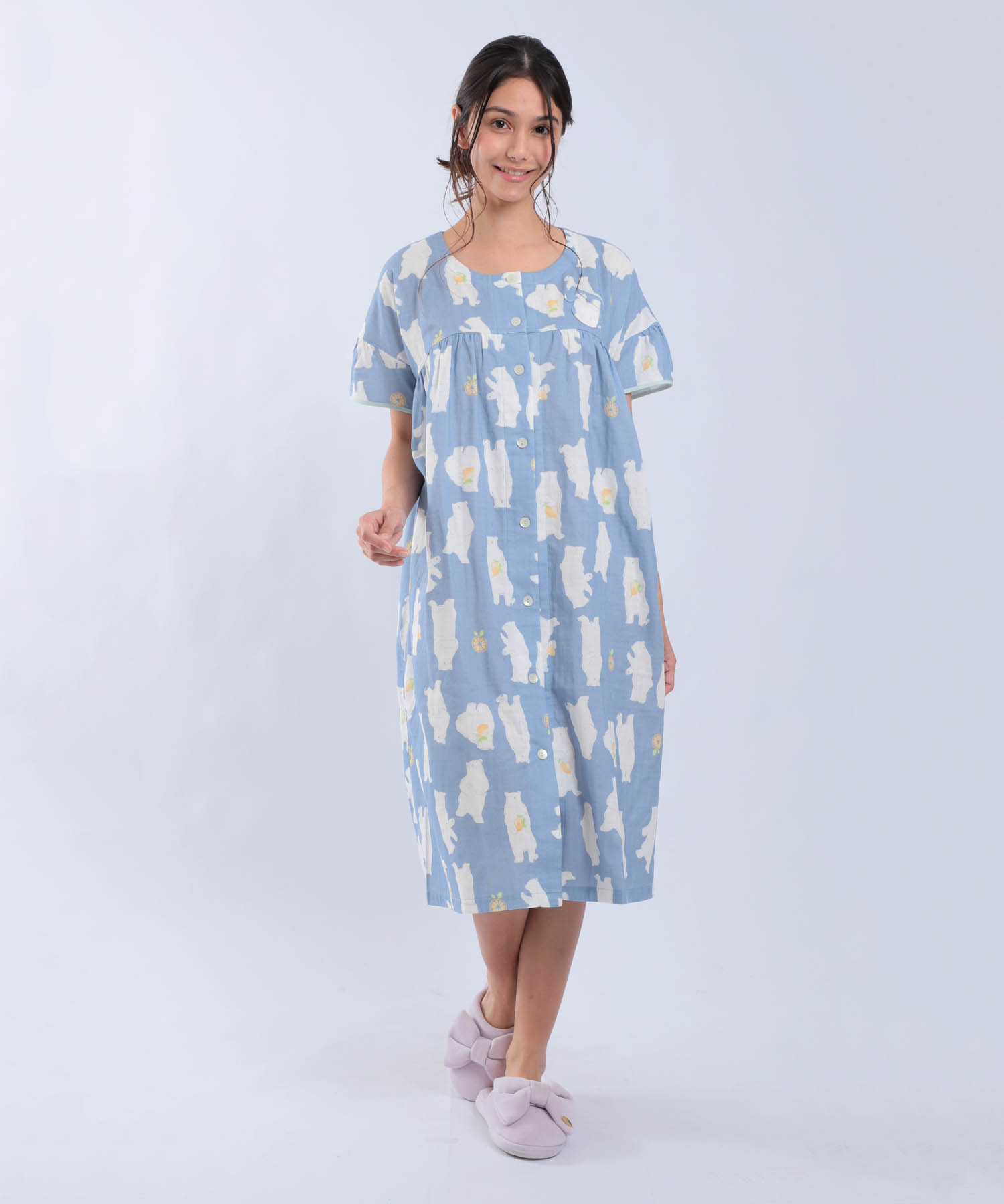 ダブルガーゼ食いしん坊ベアワンピース_パジャマ&ルームウェア-ワンピース・ネグリジェ_ネイビー_1