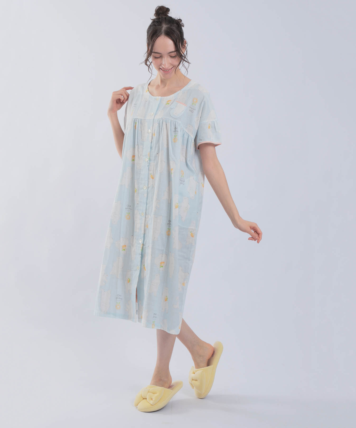 ダブルガーゼ食いしん坊ベアワンピース_パジャマ&ルームウェア-ワンピース・ネグリジェ_ブルー_1