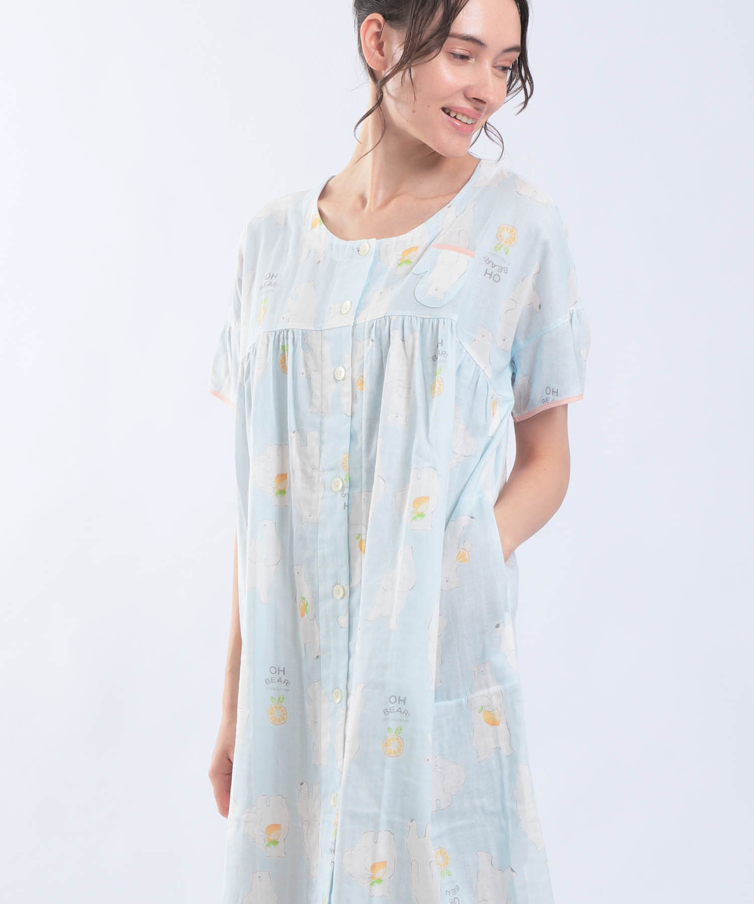 ダブルガーゼ食いしん坊ベアワンピース_パジャマ&ルームウェア-ワンピース・ネグリジェ_ブルー_2