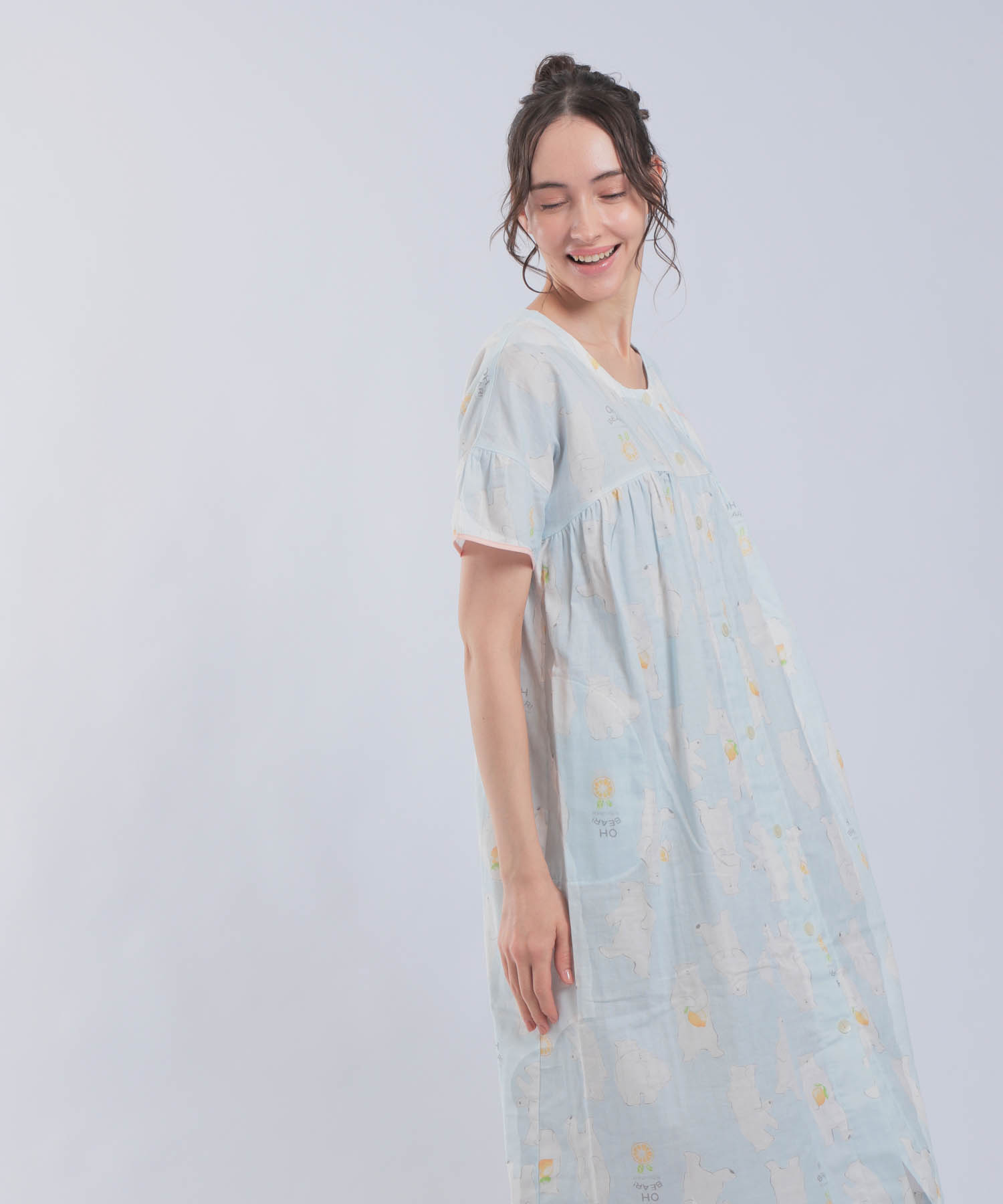 ダブルガーゼ食いしん坊ベアワンピース_パジャマ&ルームウェア-ワンピース・ネグリジェ_ブルー_3