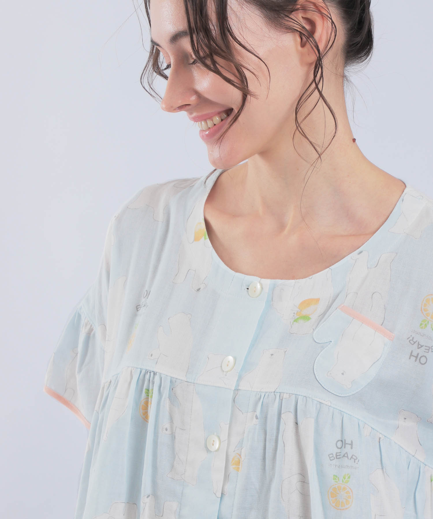 ダブルガーゼ食いしん坊ベアワンピース_パジャマ&ルームウェア-ワンピース・ネグリジェ_ブルー_4