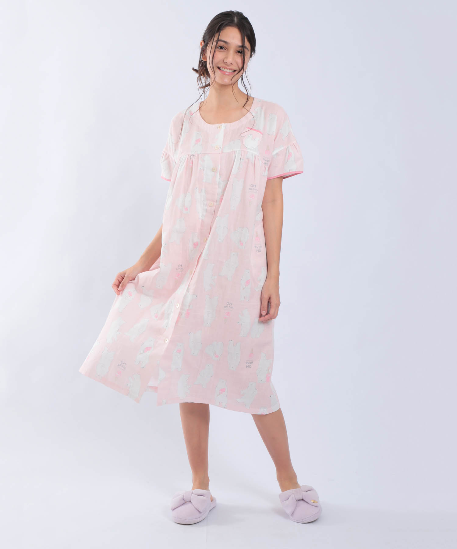 ダブルガーゼ食いしん坊ベアワンピース_パジャマ&ルームウェア-ワンピース・ネグリジェ_ピンク_1