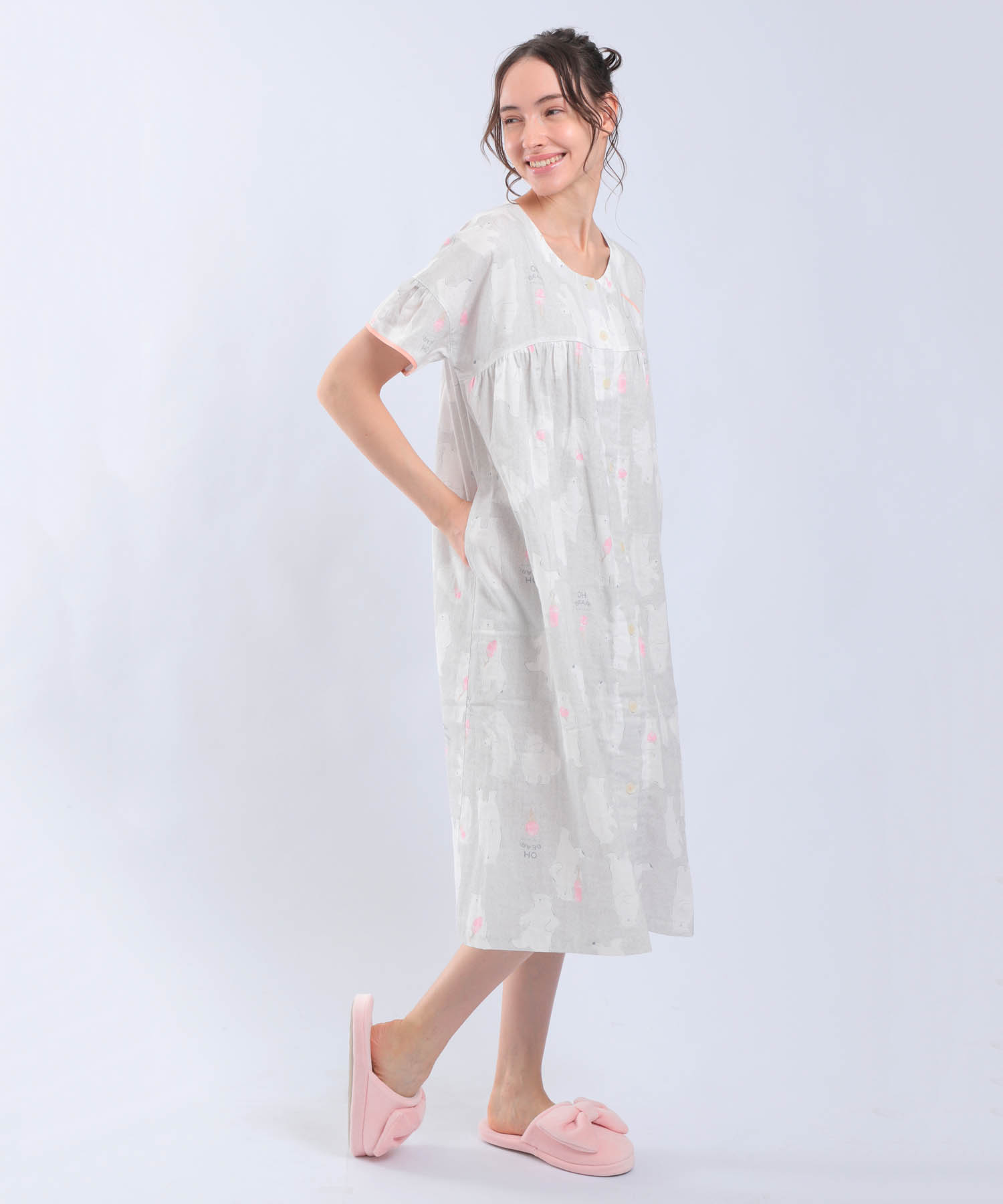 ダブルガーゼ食いしん坊ベアワンピース_パジャマ&ルームウェア-ワンピース・ネグリジェ_グレー_1