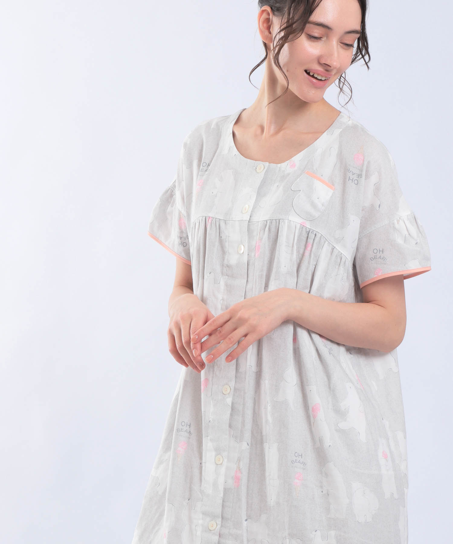 ダブルガーゼ食いしん坊ベアワンピース_パジャマ&ルームウェア-ワンピース・ネグリジェ_グレー_2