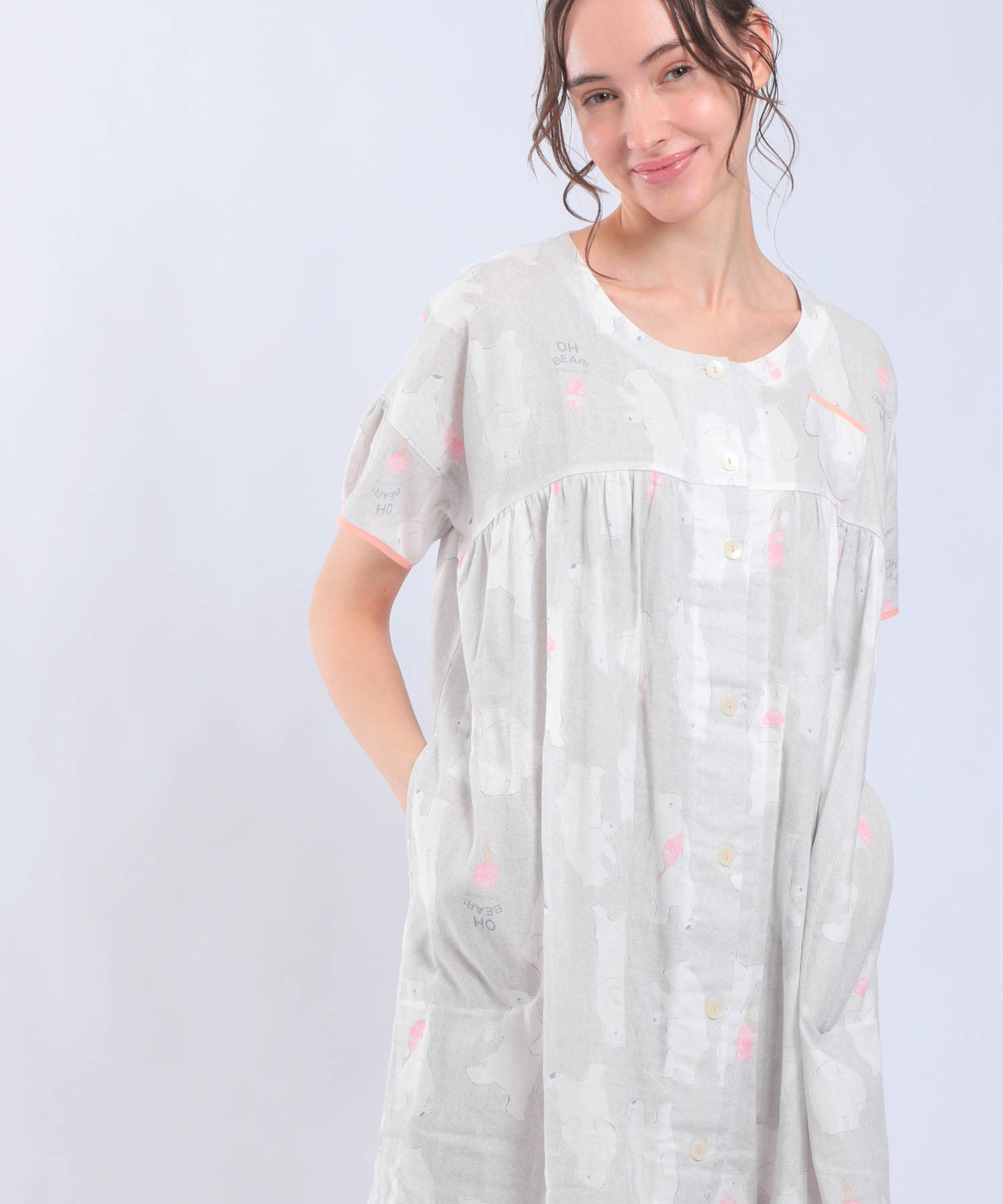 ダブルガーゼ食いしん坊ベアワンピース_パジャマ&ルームウェア-ワンピース・ネグリジェ_グレー_3