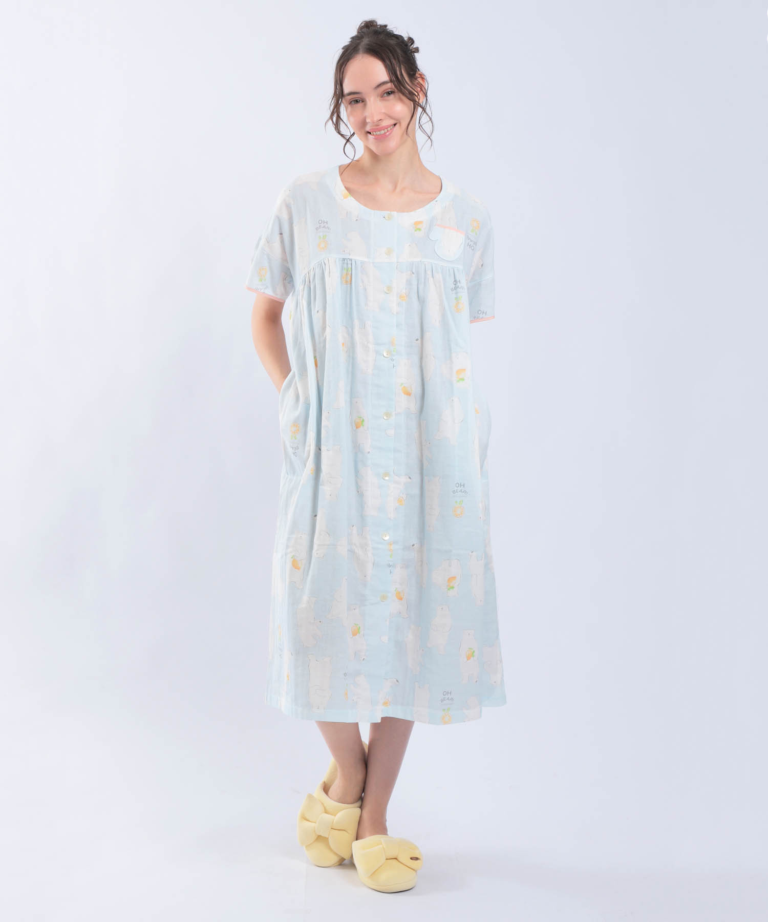 ダブルガーゼ食いしん坊ベアワンピース_パジャマ&ルームウェア-ワンピース・ネグリジェ_ブルー_0