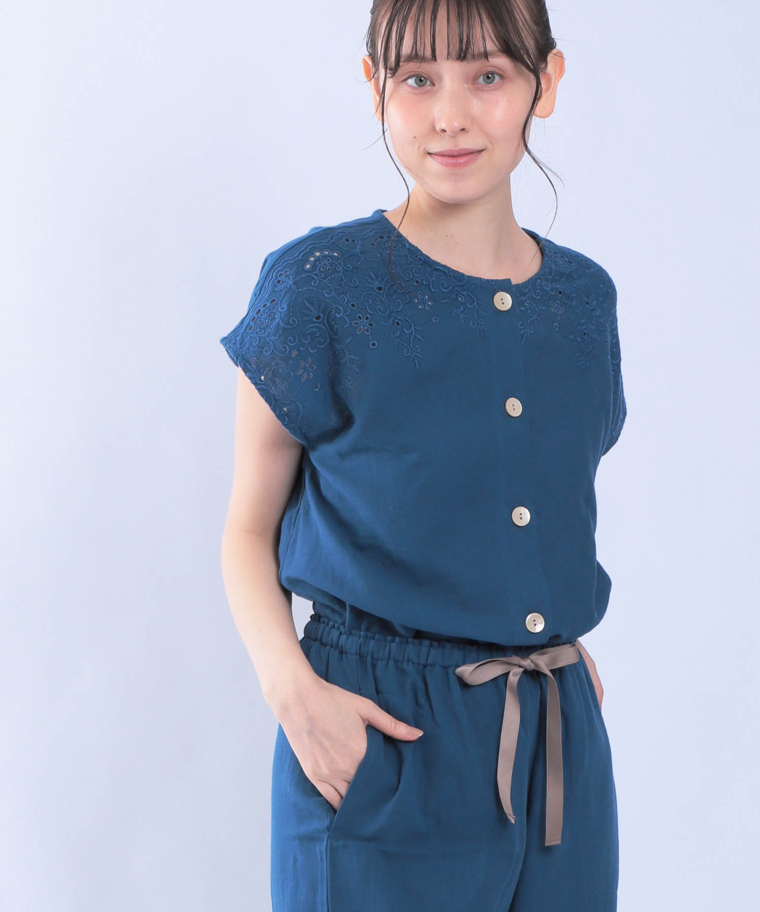 ダブルガーゼ刺繍セットアップ_パジャマ&ルームウェア-セットアップ_ネイビー_1