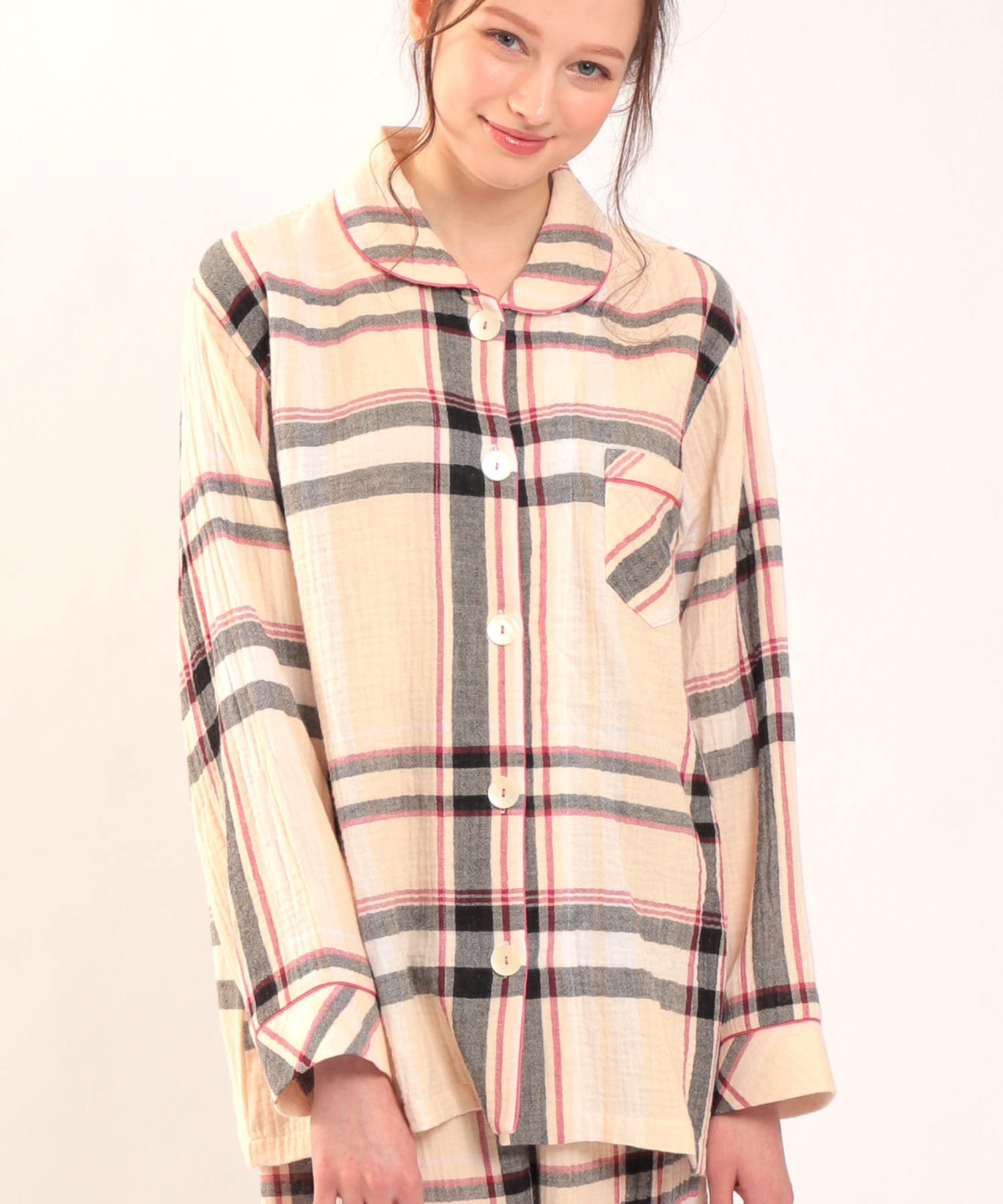 シュークリームガーゼオータムチェックシャツパジャマ