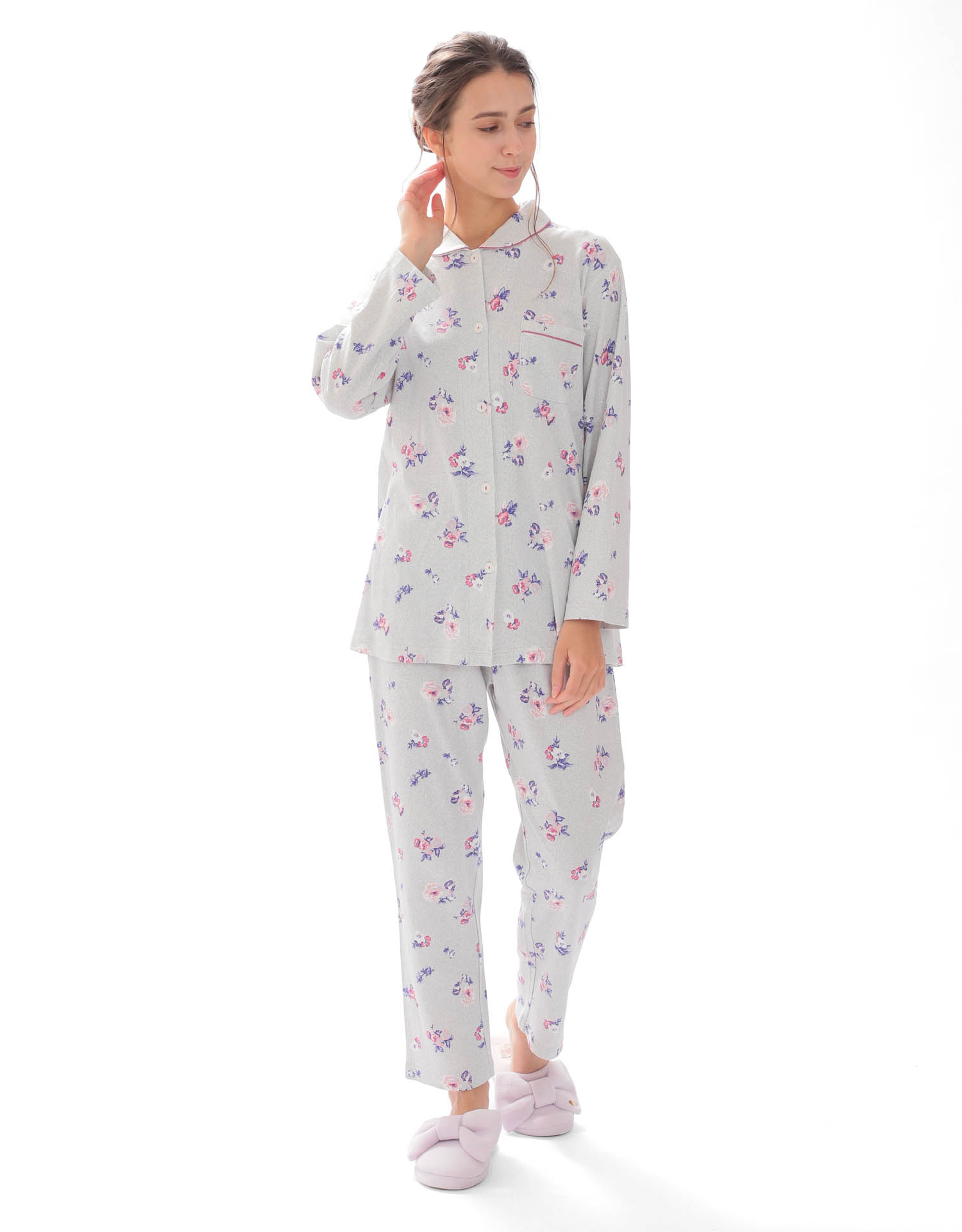 在庫一掃 ピンク 新品18688 ナルエースムースオータムフラワー長袖シャツパジャマ パジャマ