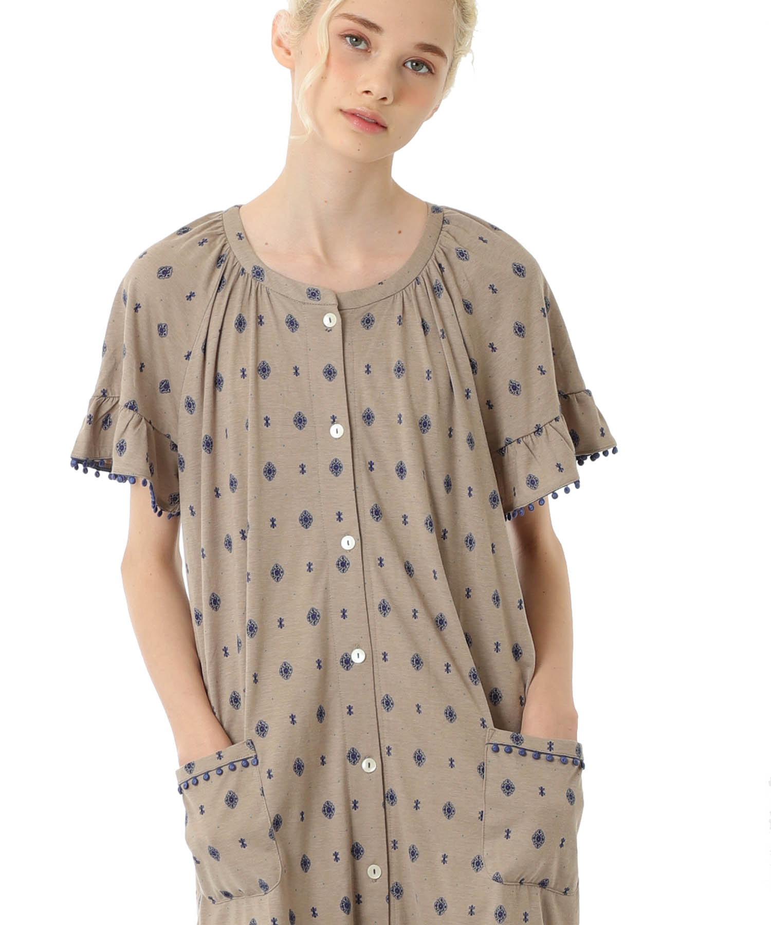 綿テンセル プティークレストルーミー_パジャマ&ルームウェア-ワンピース・ネグリジェ_ブラウン_2