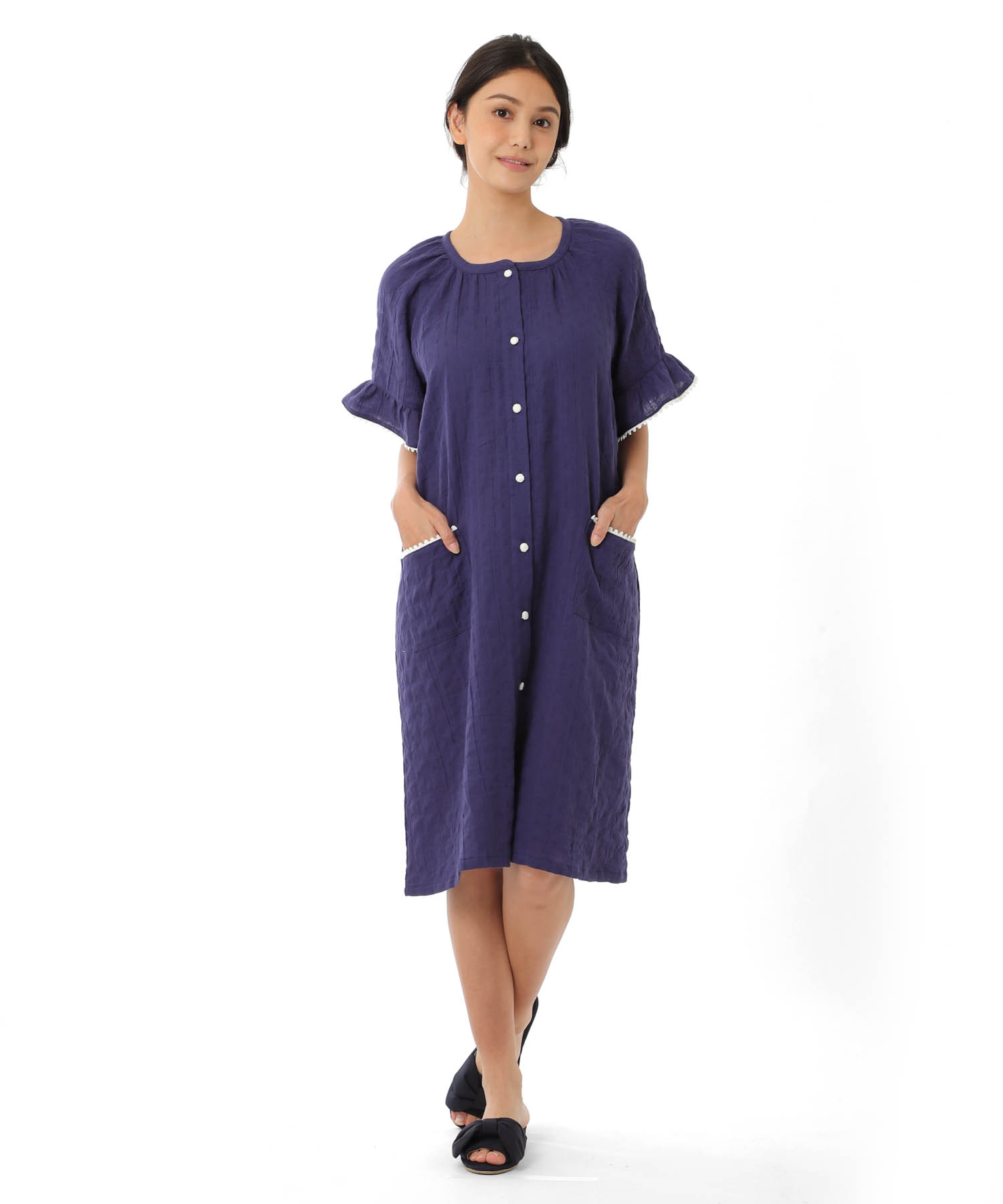 シャーリングガーゼ表ジャカードワンピース_パジャマ&ルームウェア-ワンピース・ネグリジェ_ネイビー_1