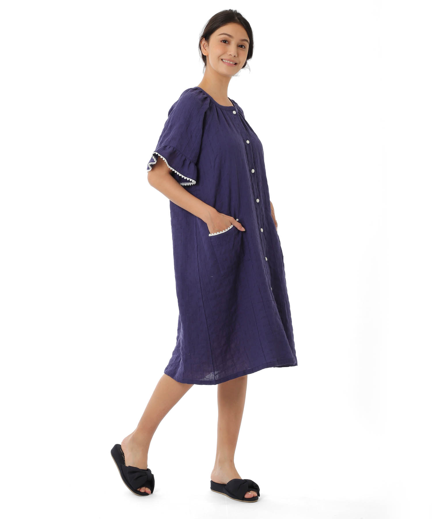 シャーリングガーゼ表ジャカードワンピース_パジャマ&ルームウェア-ワンピース・ネグリジェ_ネイビー_2