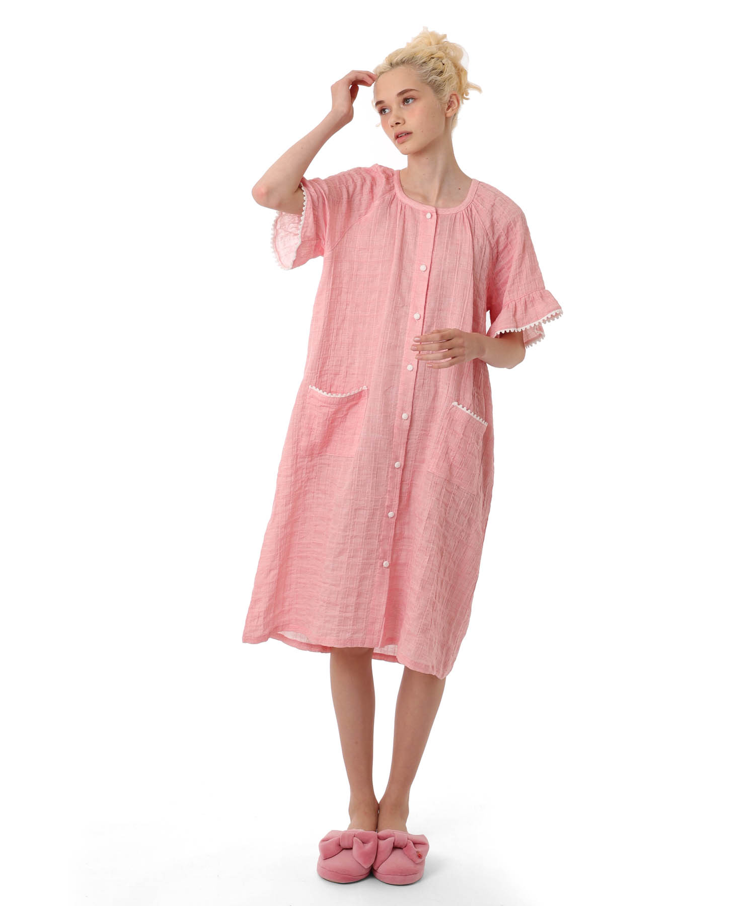 シャーリングガーゼ表ジャカードワンピース_パジャマ&ルームウェア-ワンピース・ネグリジェ_ピンク_1