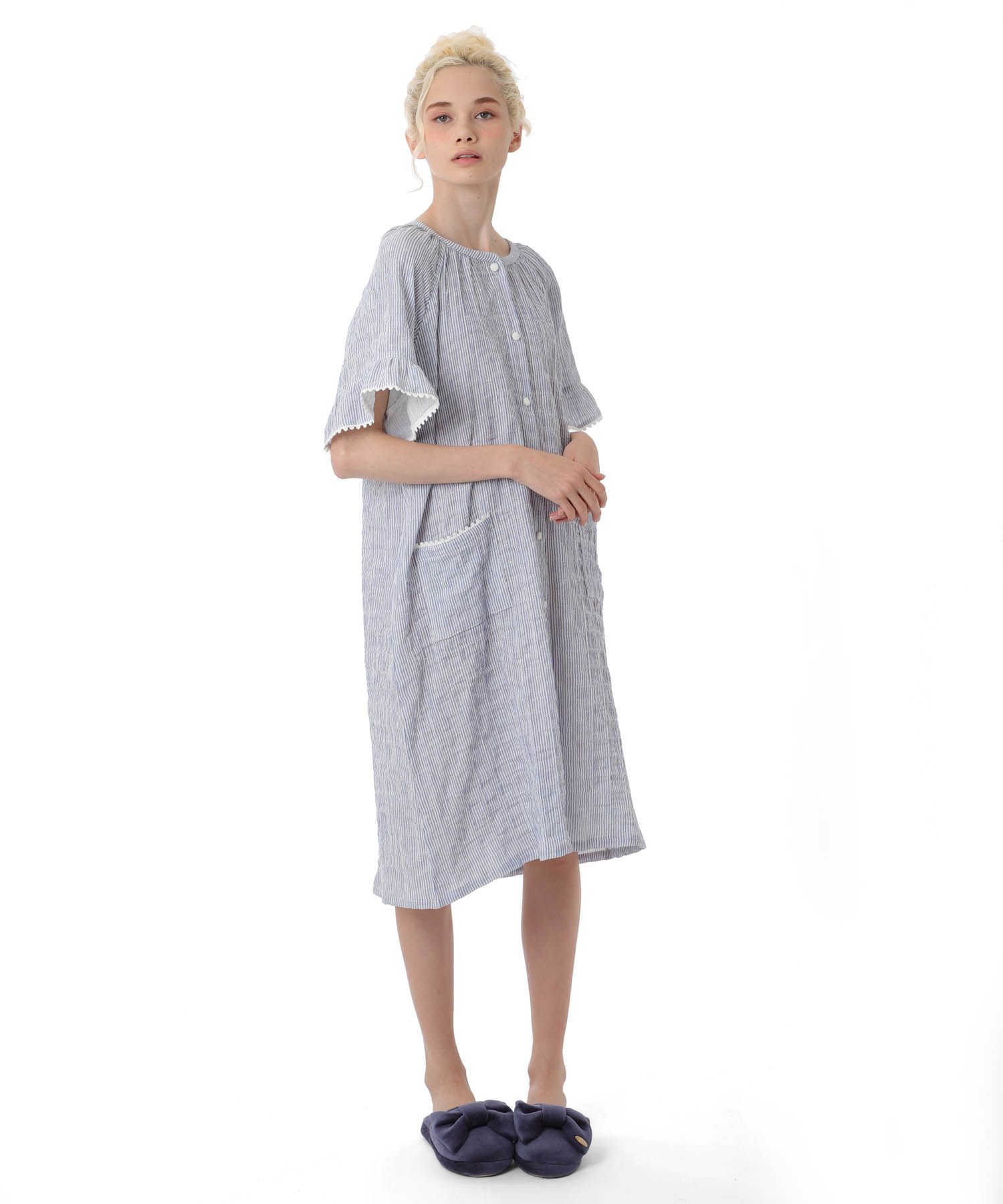 シャーリングガーゼ表ジャカードワンピース_パジャマ&ルームウェア-ワンピース・ネグリジェ_ブルー_1