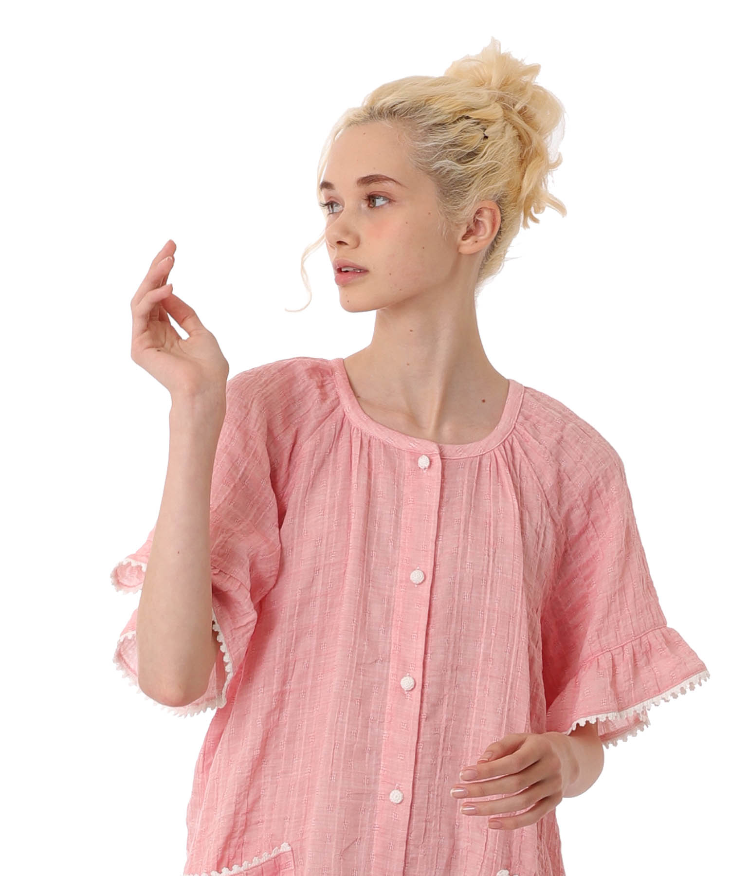 シャーリングガーゼ表ジャカードワンピース_パジャマ&ルームウェア-ワンピース・ネグリジェ_ピンク_2