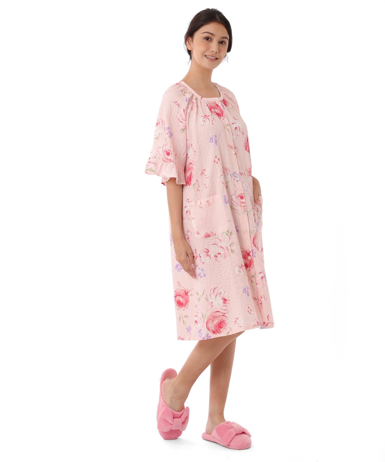 シャーリングボイルローズワンピース_パジャマ&ルームウェア-ワンピース・ネグリジェ_ピンク_1