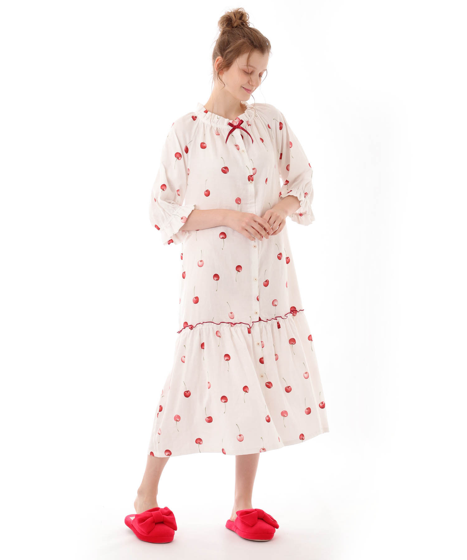 コットンＷガーゼチェリーワンピース_パジャマ&ルームウェア-ワンピース・ネグリジェ_ホワイト_1
