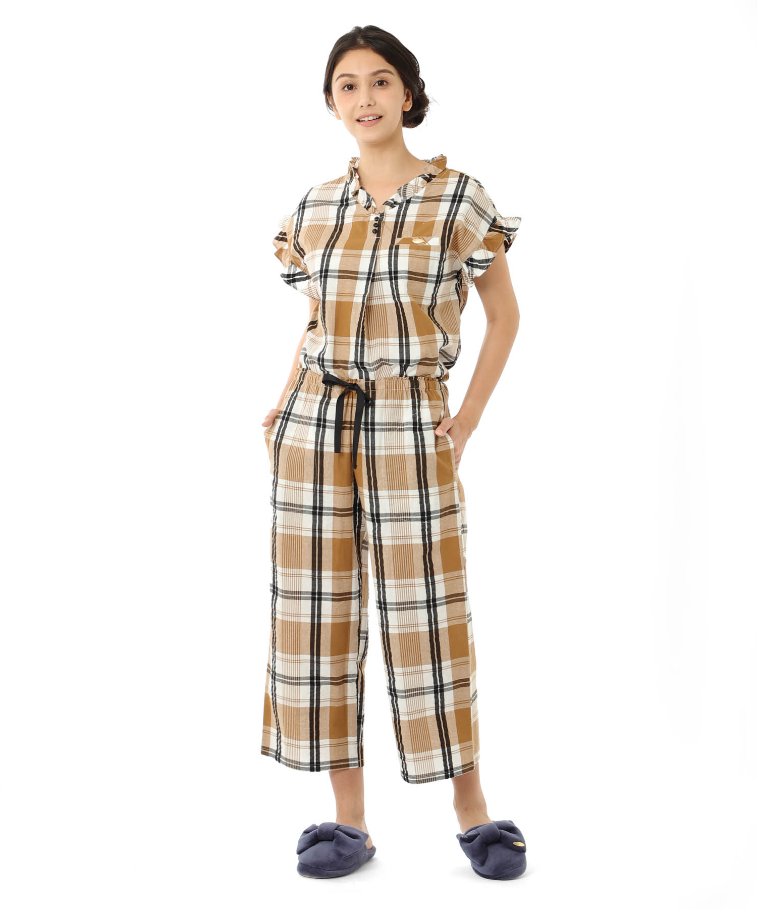 変わり織りサッカーチェックフリル_パジャマ&ルームウェア-セットアップ_ブラウン_0