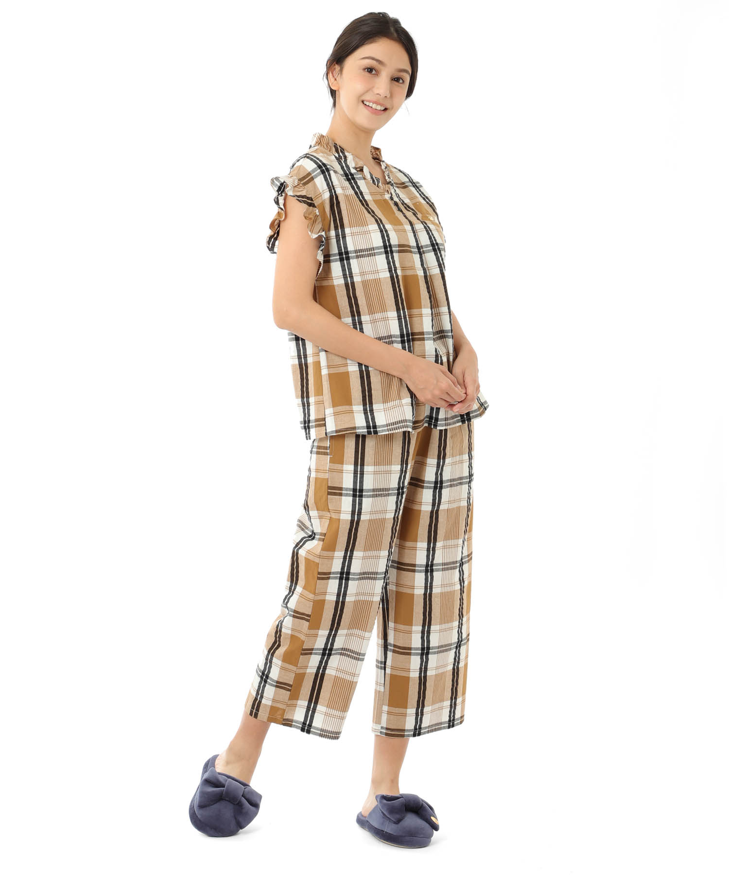 変わり織りサッカーチェックフリル_パジャマ&ルームウェア-セットアップ_ブラウン_3
