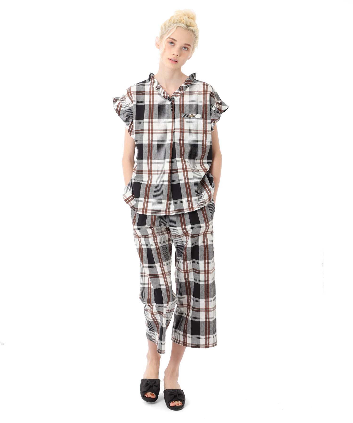 変わり織りサッカーチェックフリル_パジャマ&ルームウェア-セットアップ_ブラック_2