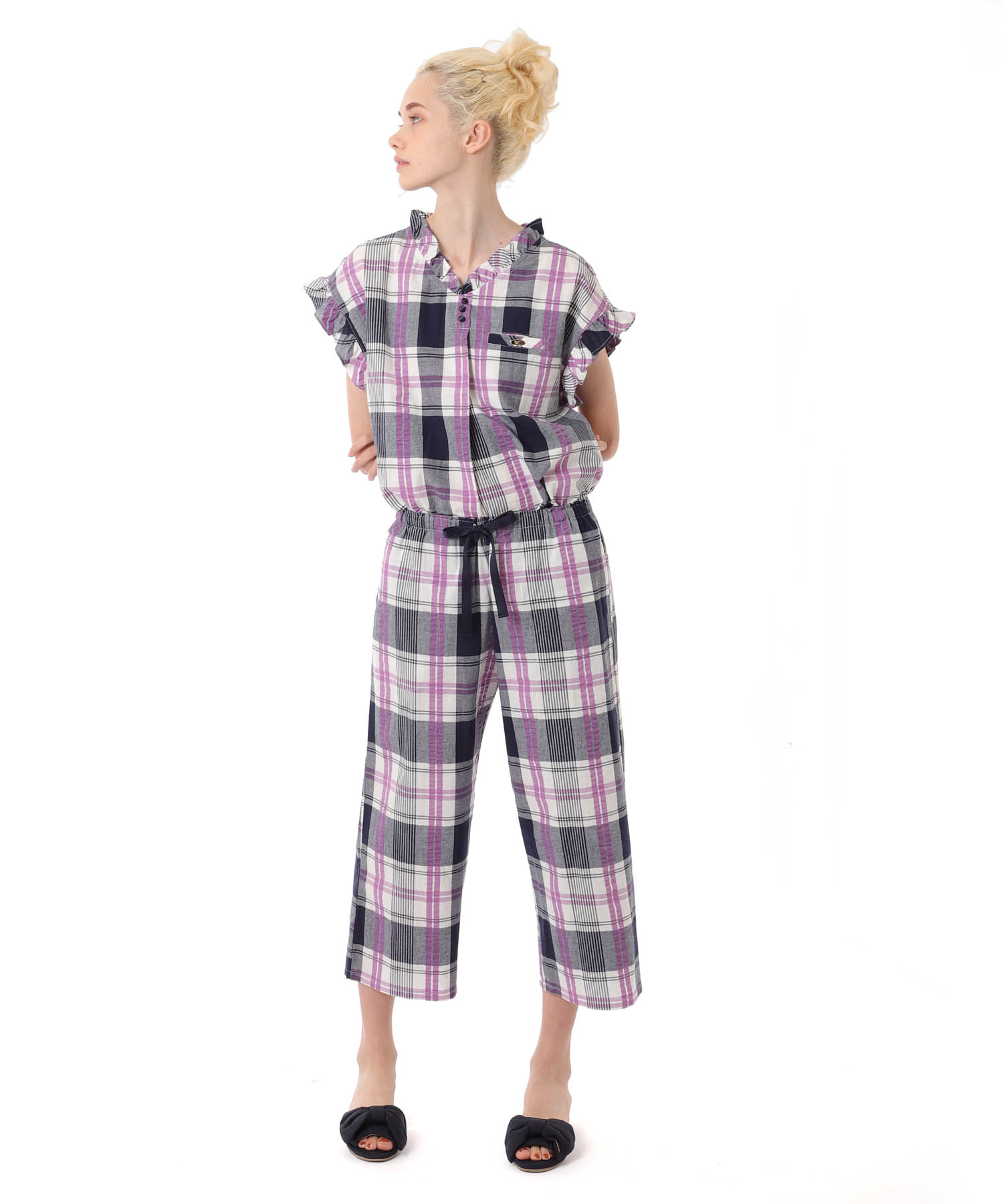 変わり織りサッカーチェックフリル_パジャマ&ルームウェア-セットアップ_ネイビー_1