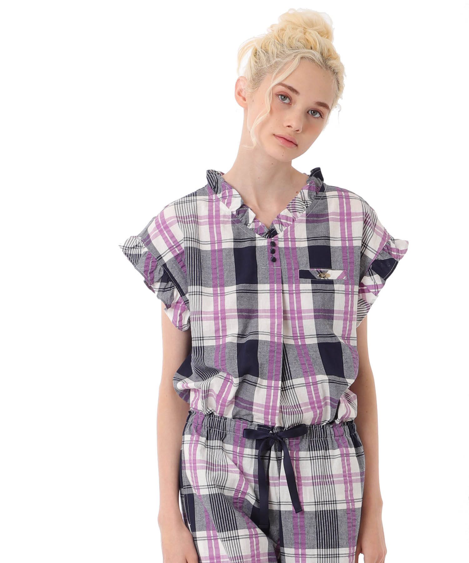 変わり織りサッカーチェックフリル_パジャマ&ルームウェア-セットアップ_ネイビー_0