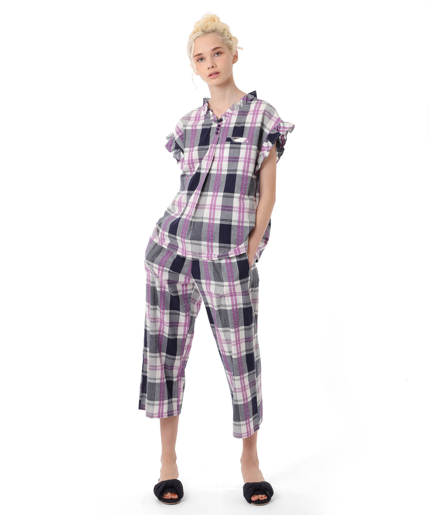 変わり織りサッカーチェックフリル_パジャマ&ルームウェア-セットアップ_ネイビー_3