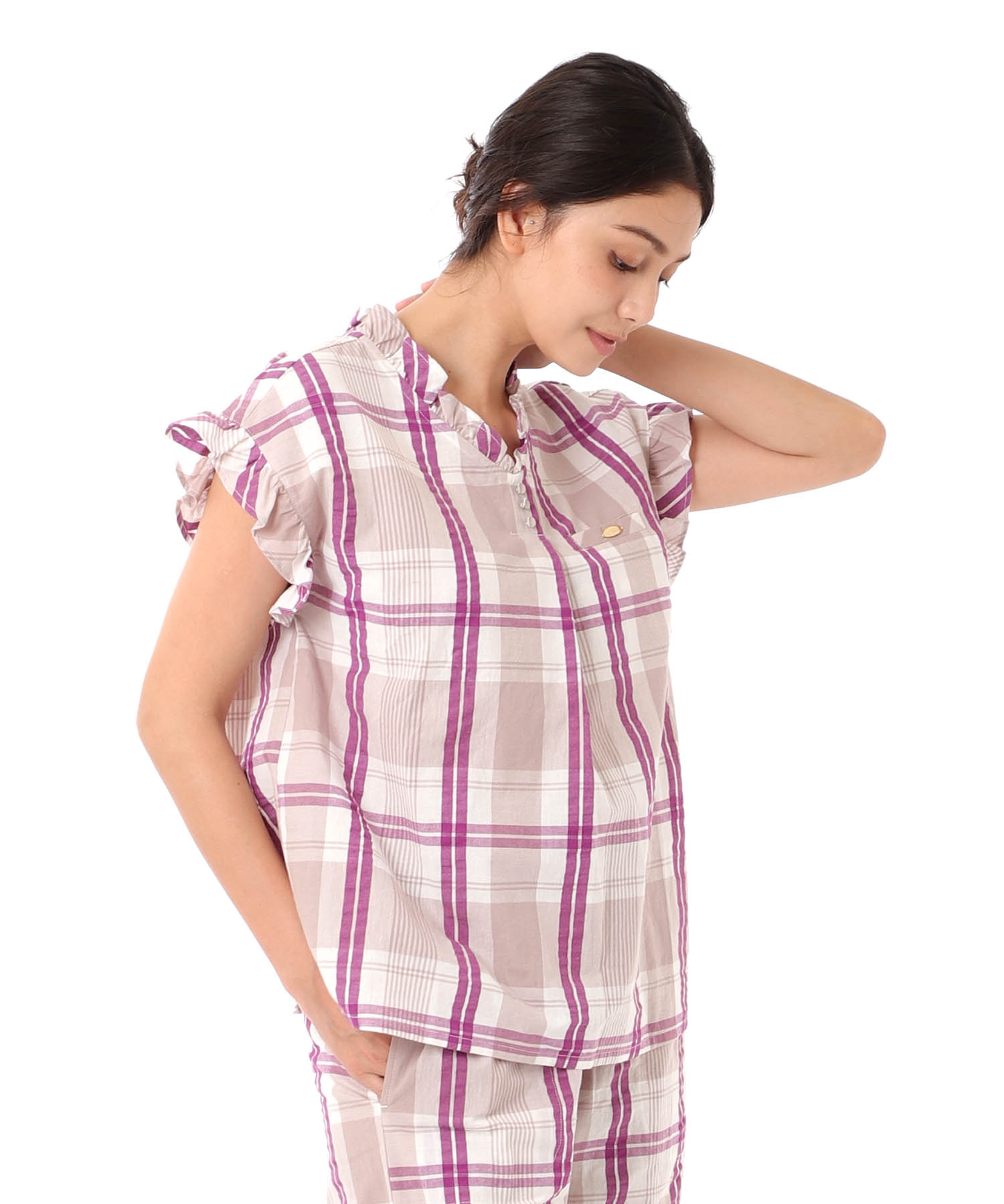 変わり織りサッカーチェックフリル_パジャマ&ルームウェア-セットアップ_パープル_2