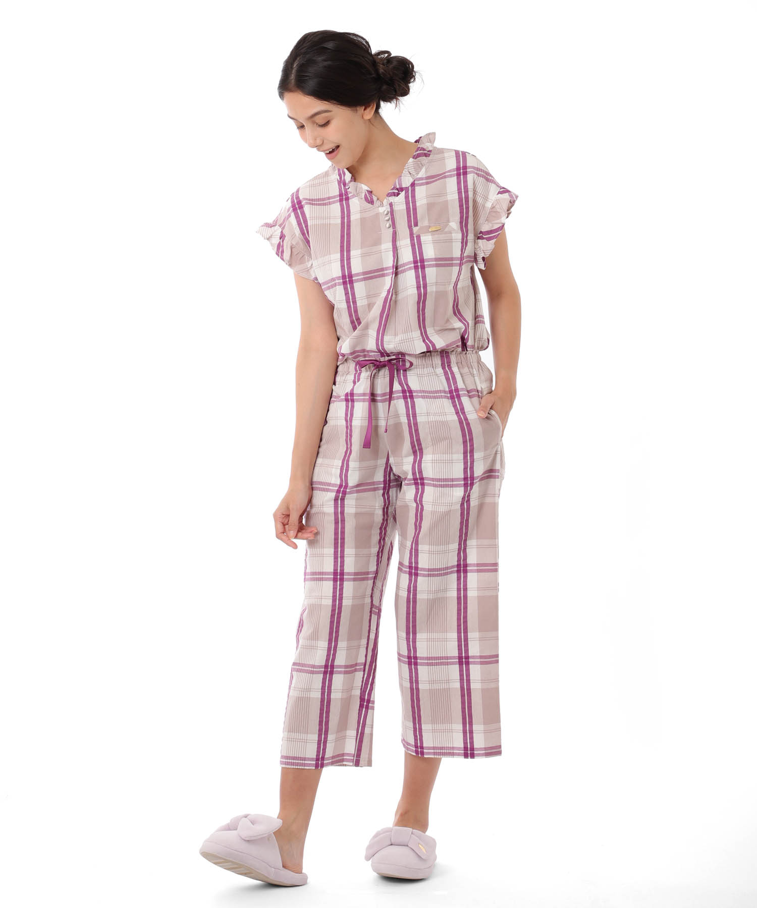 変わり織りサッカーチェックフリル_パジャマ&ルームウェア-セットアップ_パープル_3