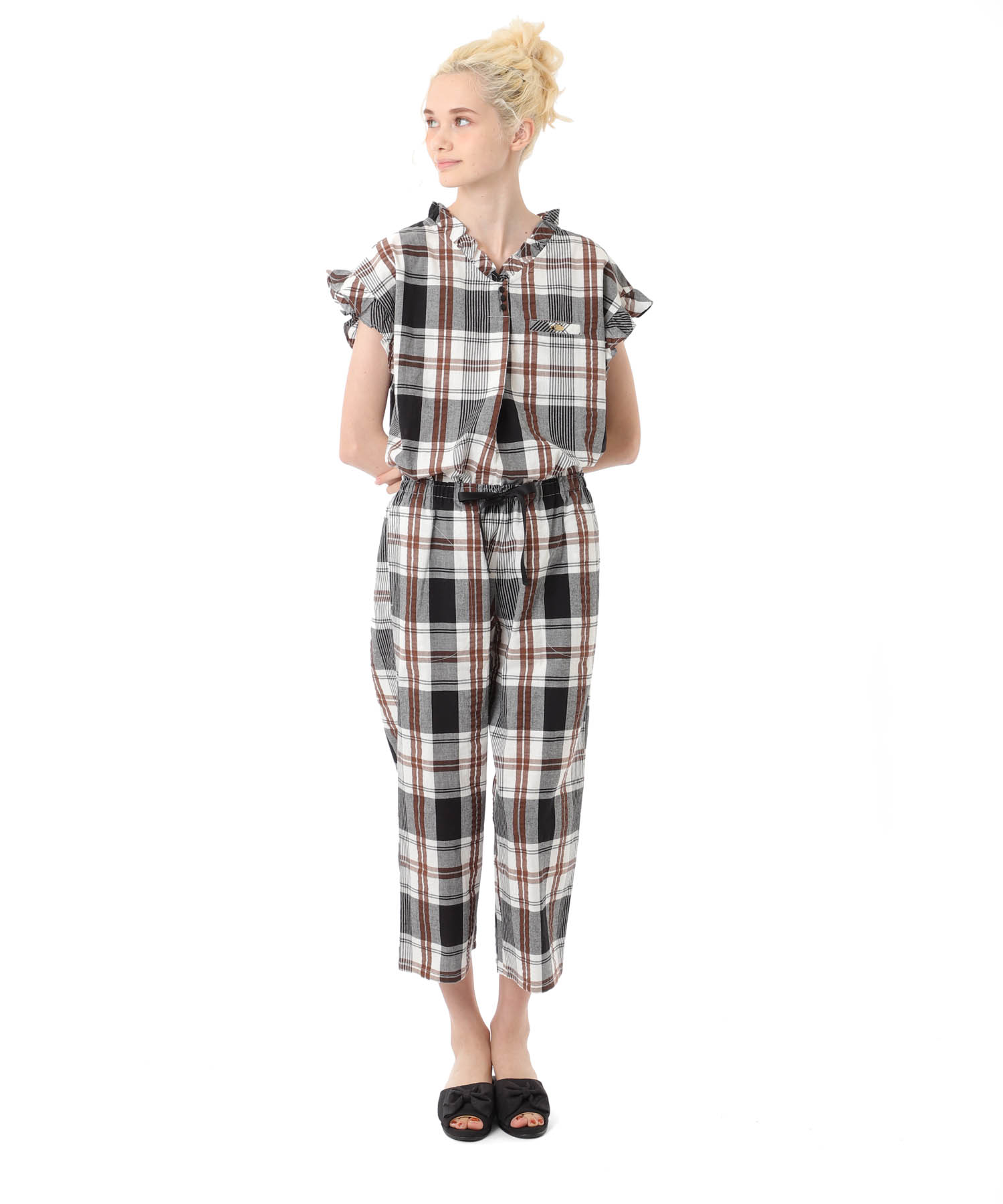 変わり織りサッカーチェックフリル_パジャマ&ルームウェア-セットアップ_ブラック_4