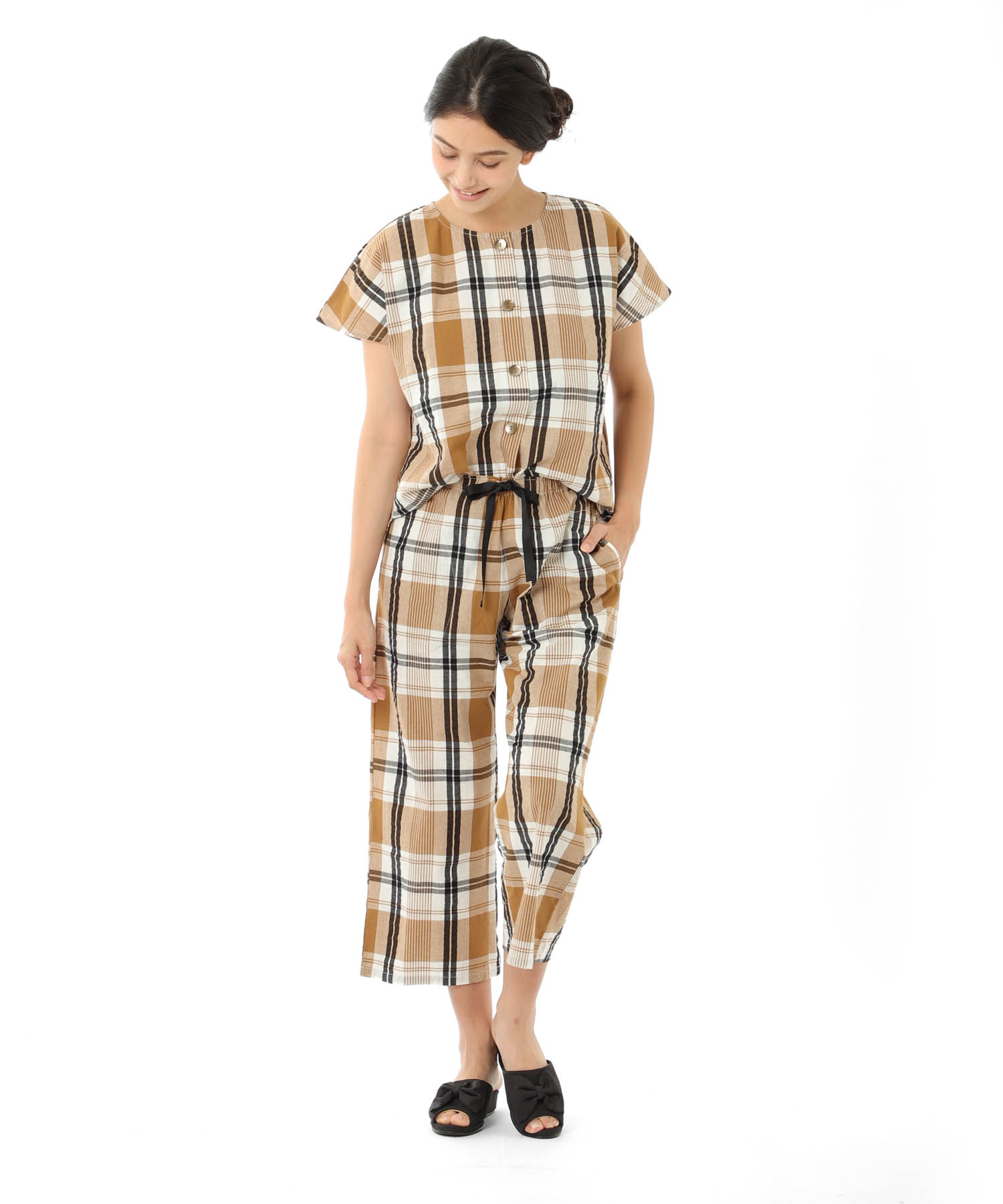 変わり織りサッカーチェックセットアップ_パジャマ&ルームウェア-セットアップ_ブラウン_1