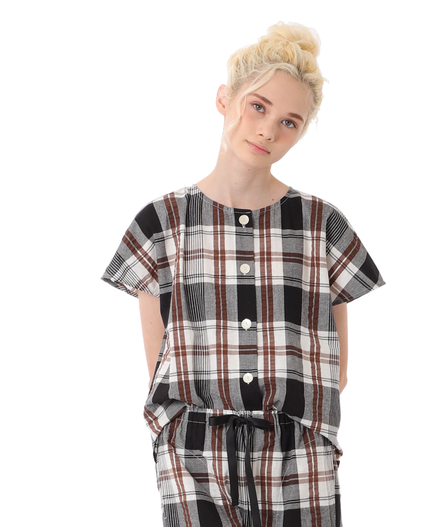 変わり織りサッカーチェックセットアップ_パジャマ&ルームウェア-セットアップ_ブラック_0