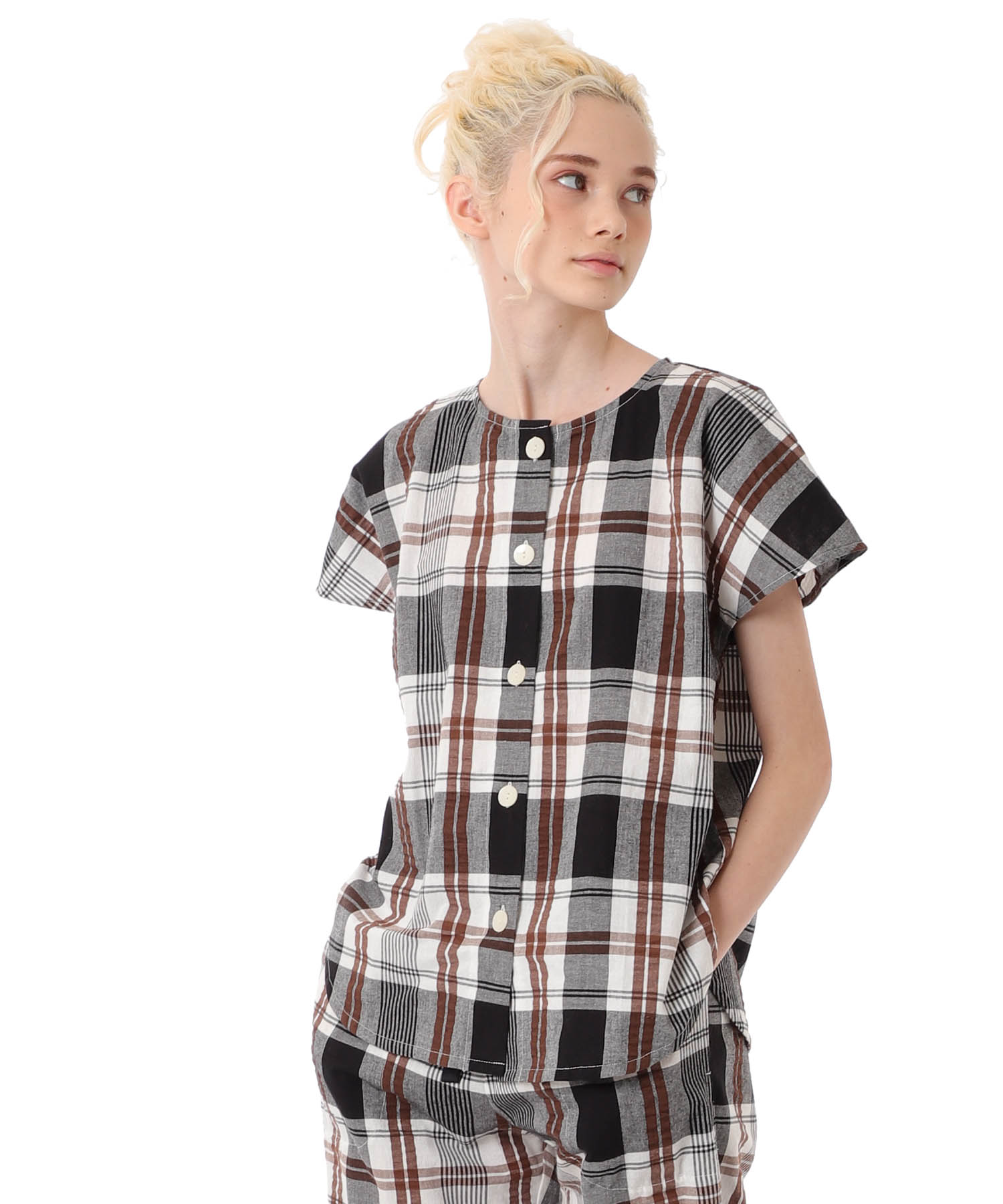 変わり織りサッカーチェックセットアップ_パジャマ&ルームウェア-セットアップ_ブラック_4