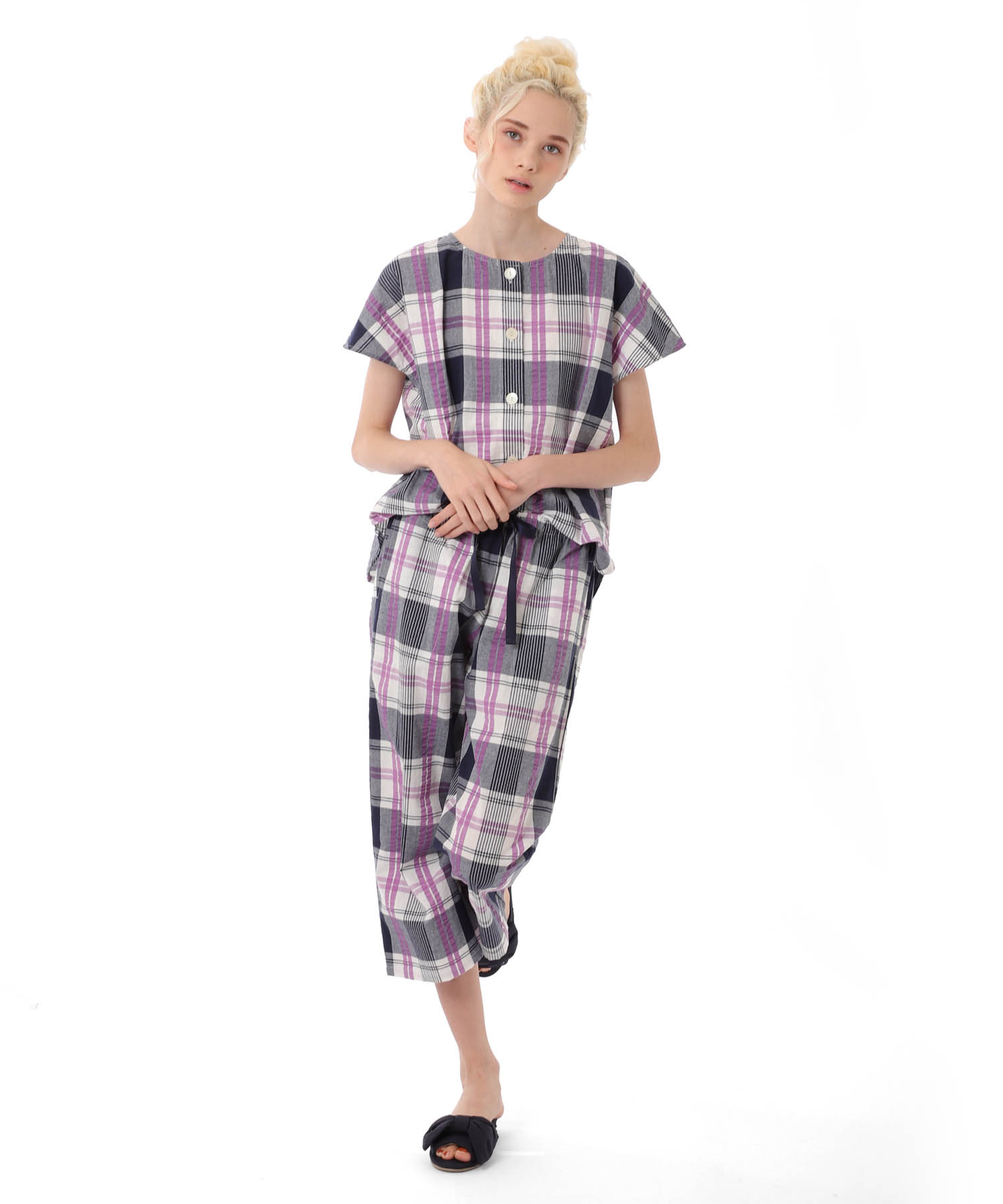 変わり織りサッカーチェックセットアップ_パジャマ&ルームウェア-セットアップ_ネイビー_1