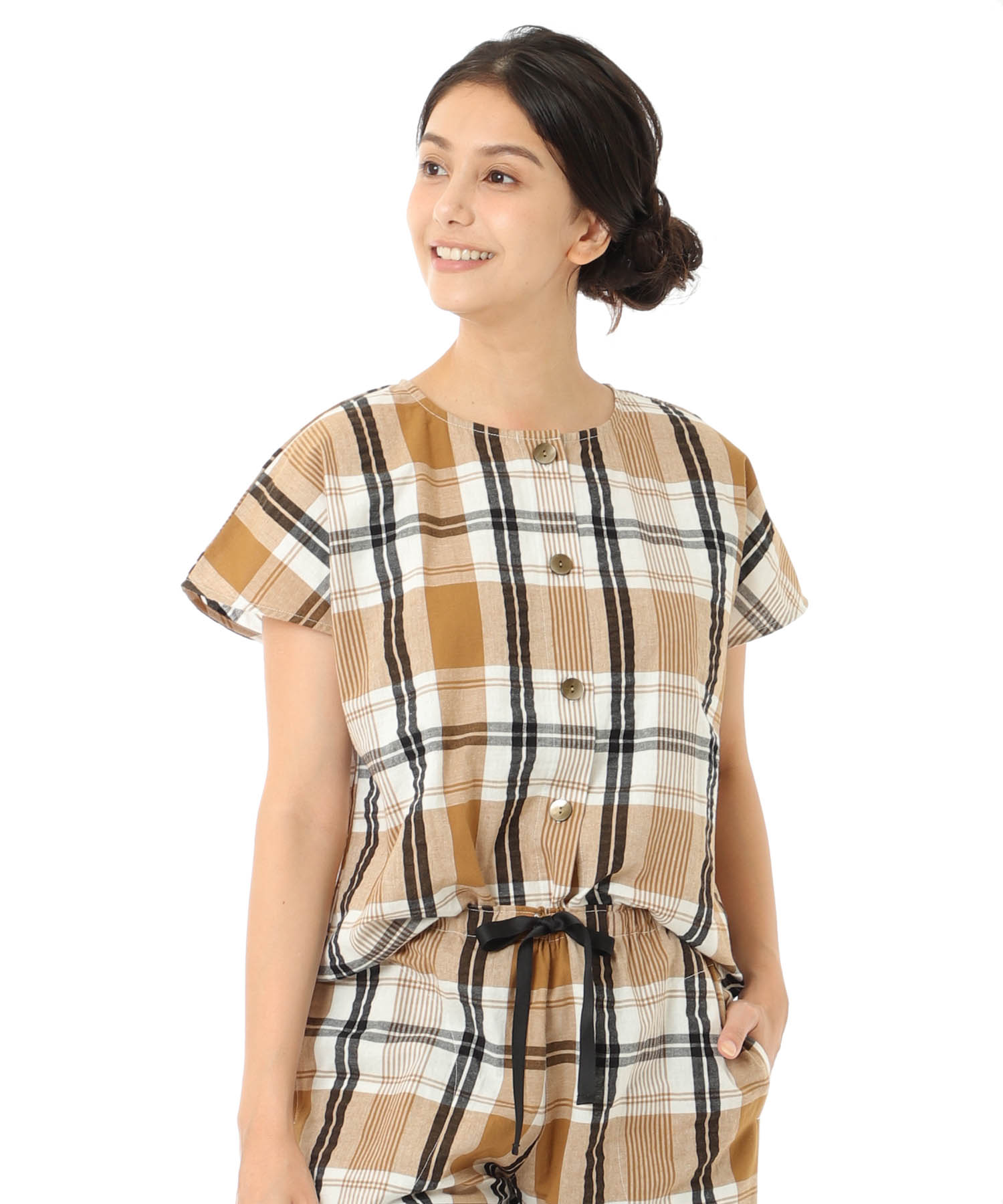 変わり織りサッカーチェックセットアップ_パジャマ&ルームウェア-セットアップ_ブラウン_0