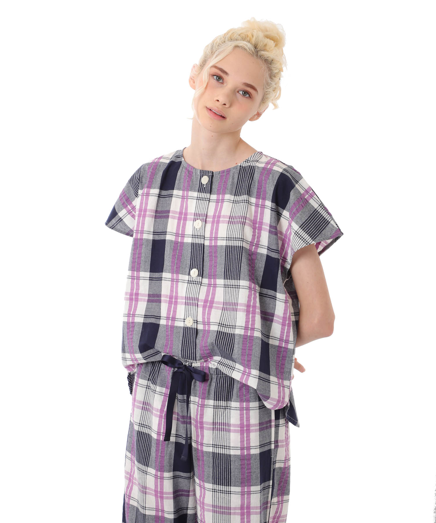 変わり織りサッカーチェックセットアップ_パジャマ&ルームウェア-セットアップ_ネイビー_0