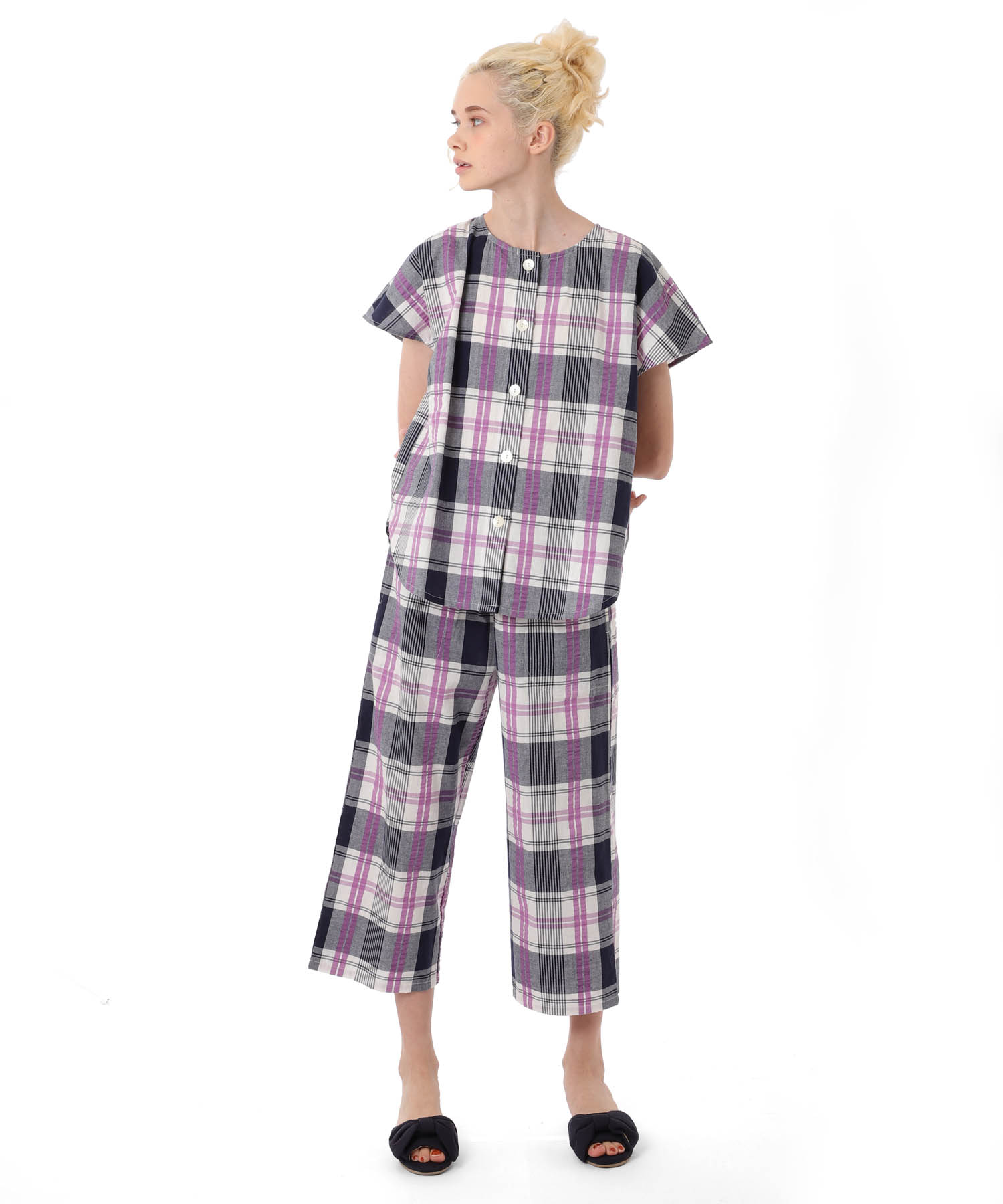 変わり織りサッカーチェックセットアップ_パジャマ&ルームウェア-セットアップ_ネイビー_2