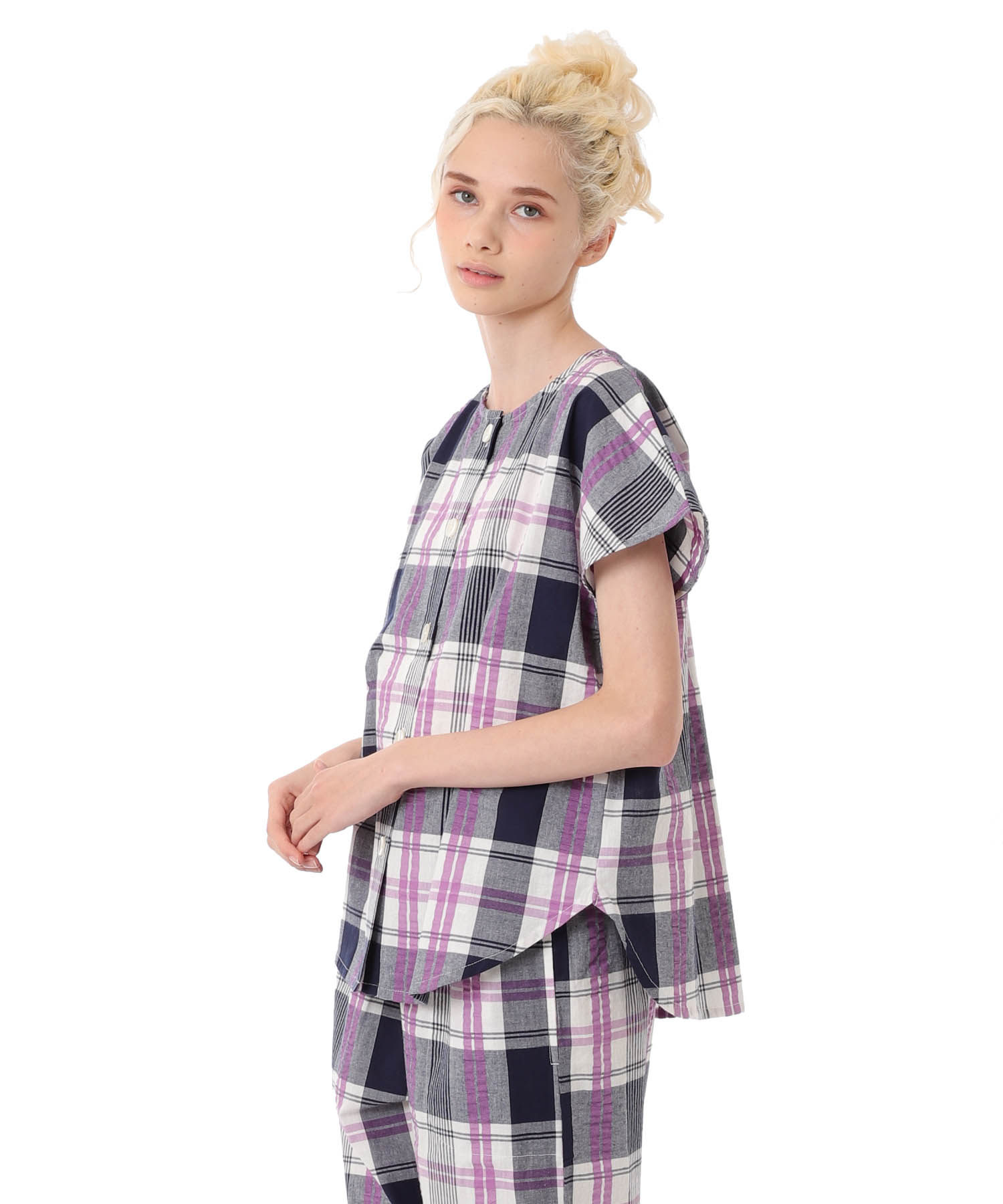 変わり織りサッカーチェックセットアップ_パジャマ&ルームウェア-セットアップ_ネイビー_3