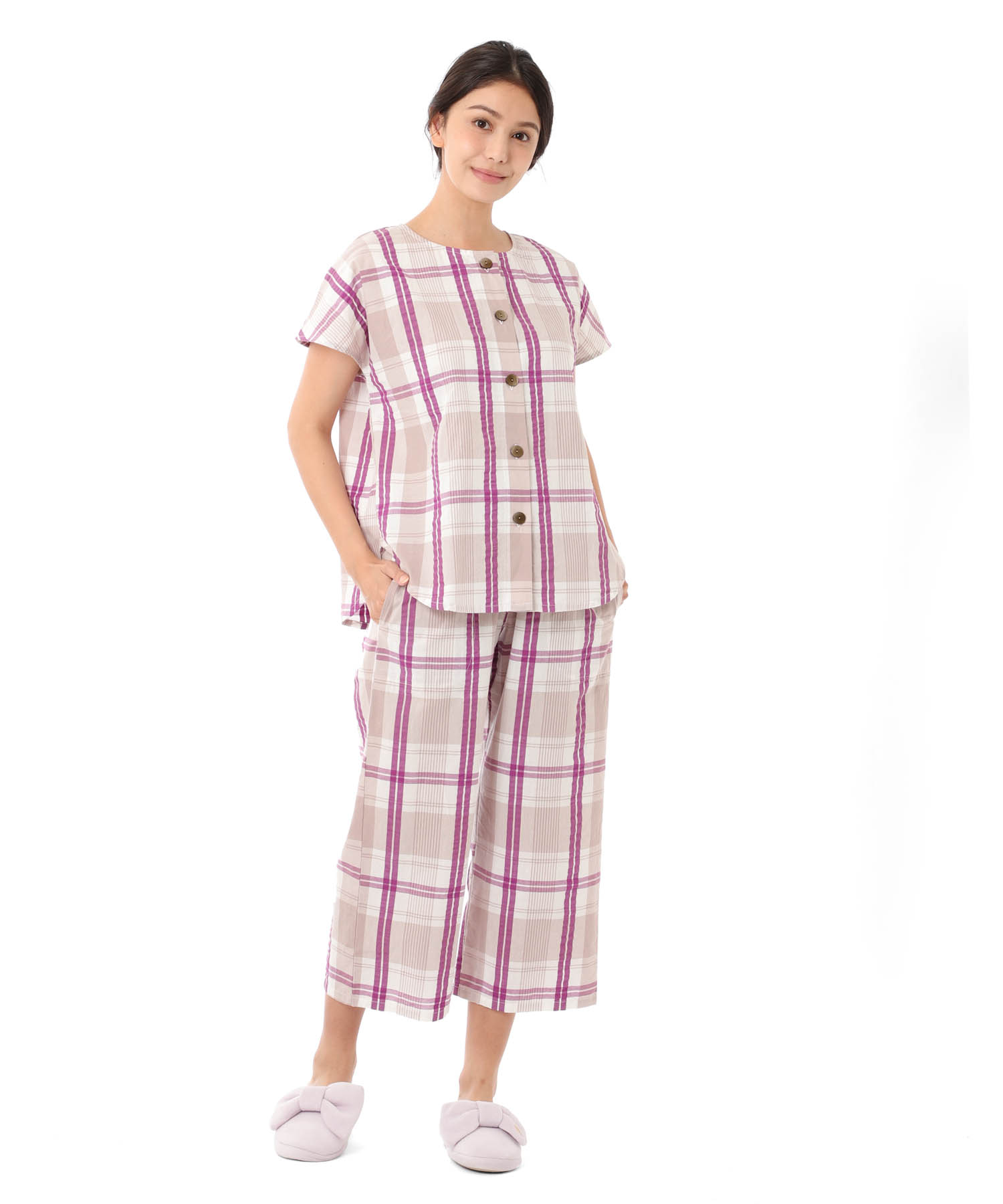 変わり織りサッカーチェックセットアップ_パジャマ&ルームウェア-セットアップ_パープル_1