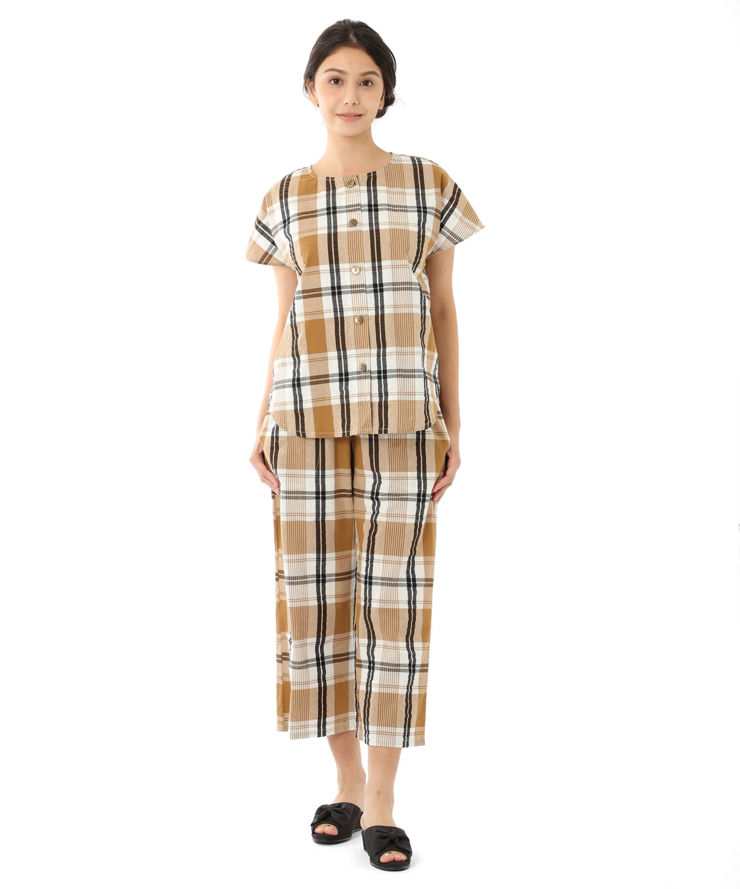 変わり織りサッカーチェックセットアップ_パジャマ&ルームウェア-セットアップ_ブラウン_2