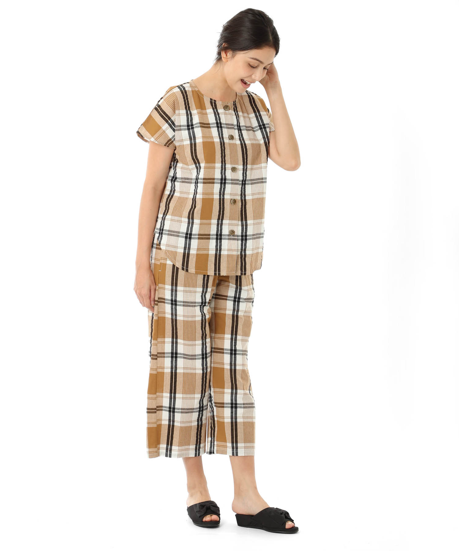 変わり織りサッカーチェックセットアップ_パジャマ&ルームウェア-セットアップ_ブラウン_3