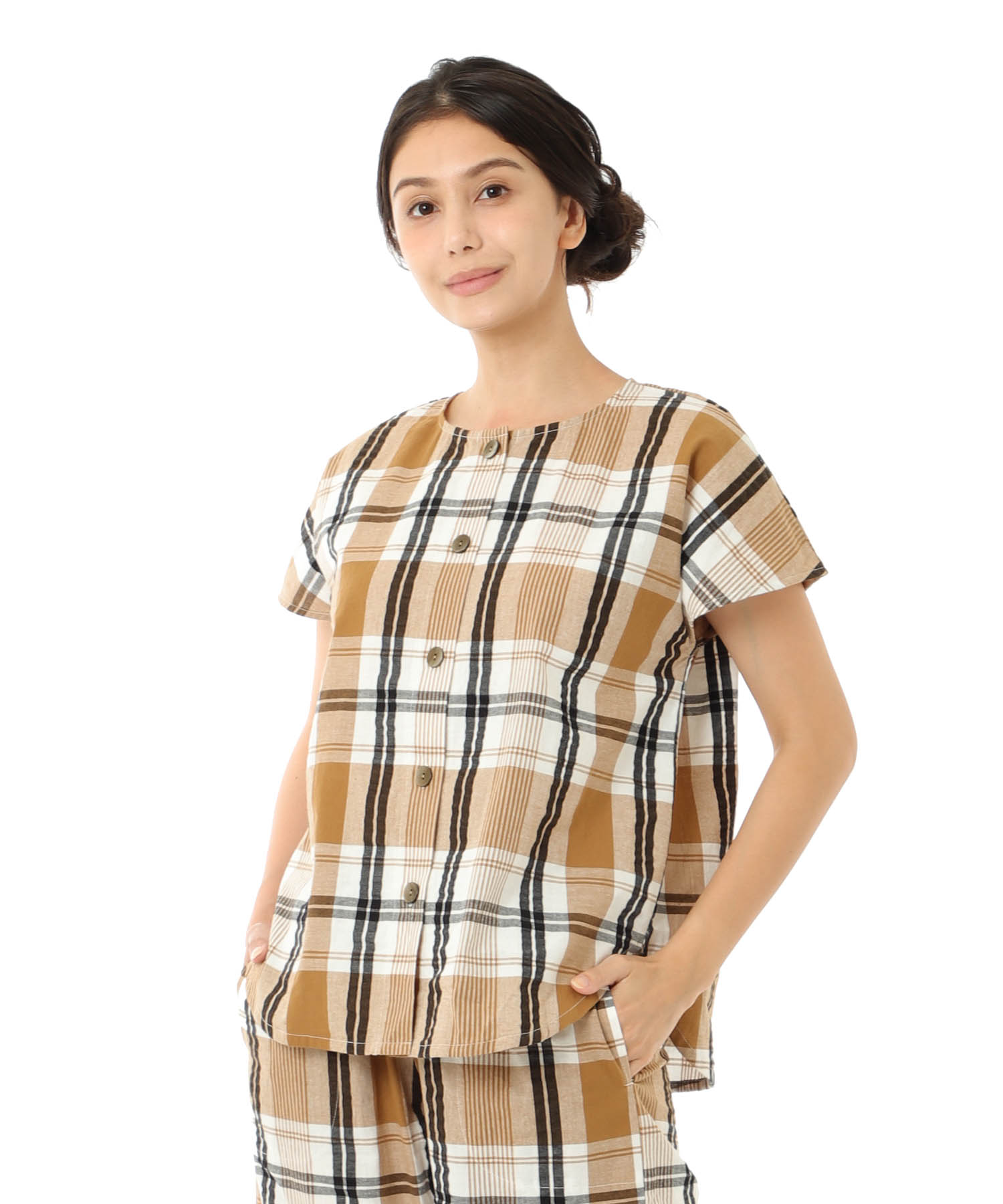 変わり織りサッカーチェックセットアップ_パジャマ&ルームウェア-セットアップ_ブラウン_4